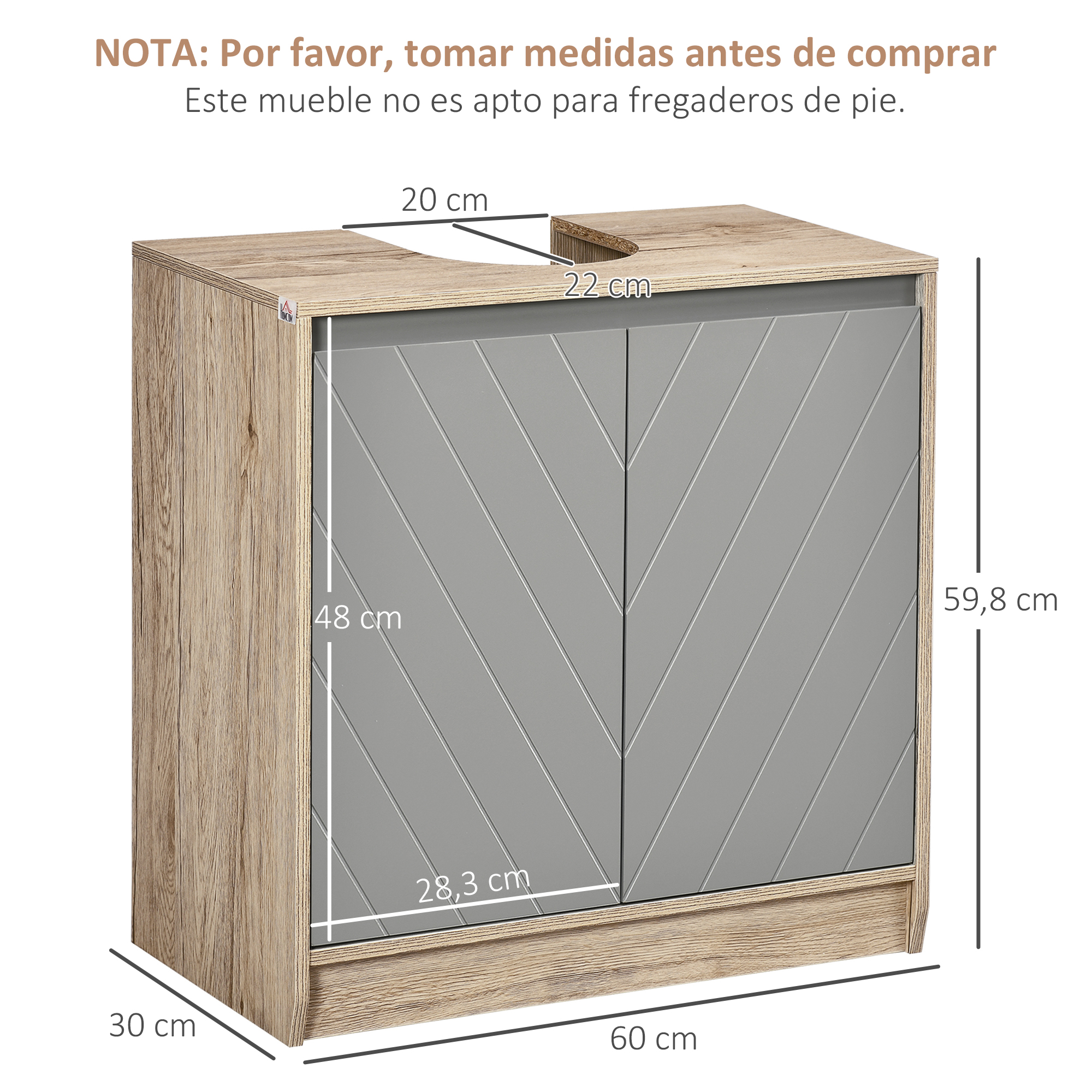 Un mueble de lavabo de madera con dos puertas grises y medidas.