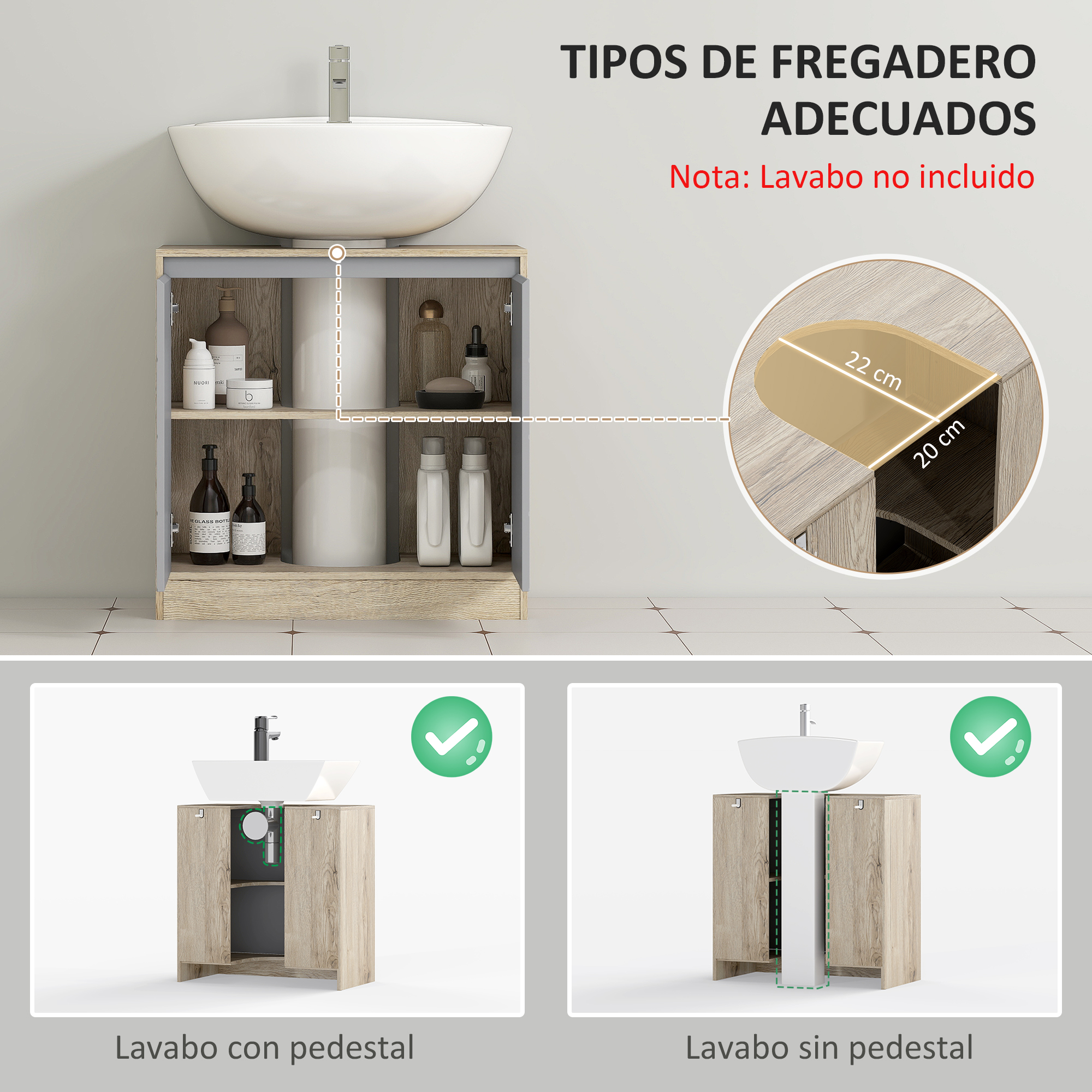 Mueble de baño con lavabo, baldosas y medidas.