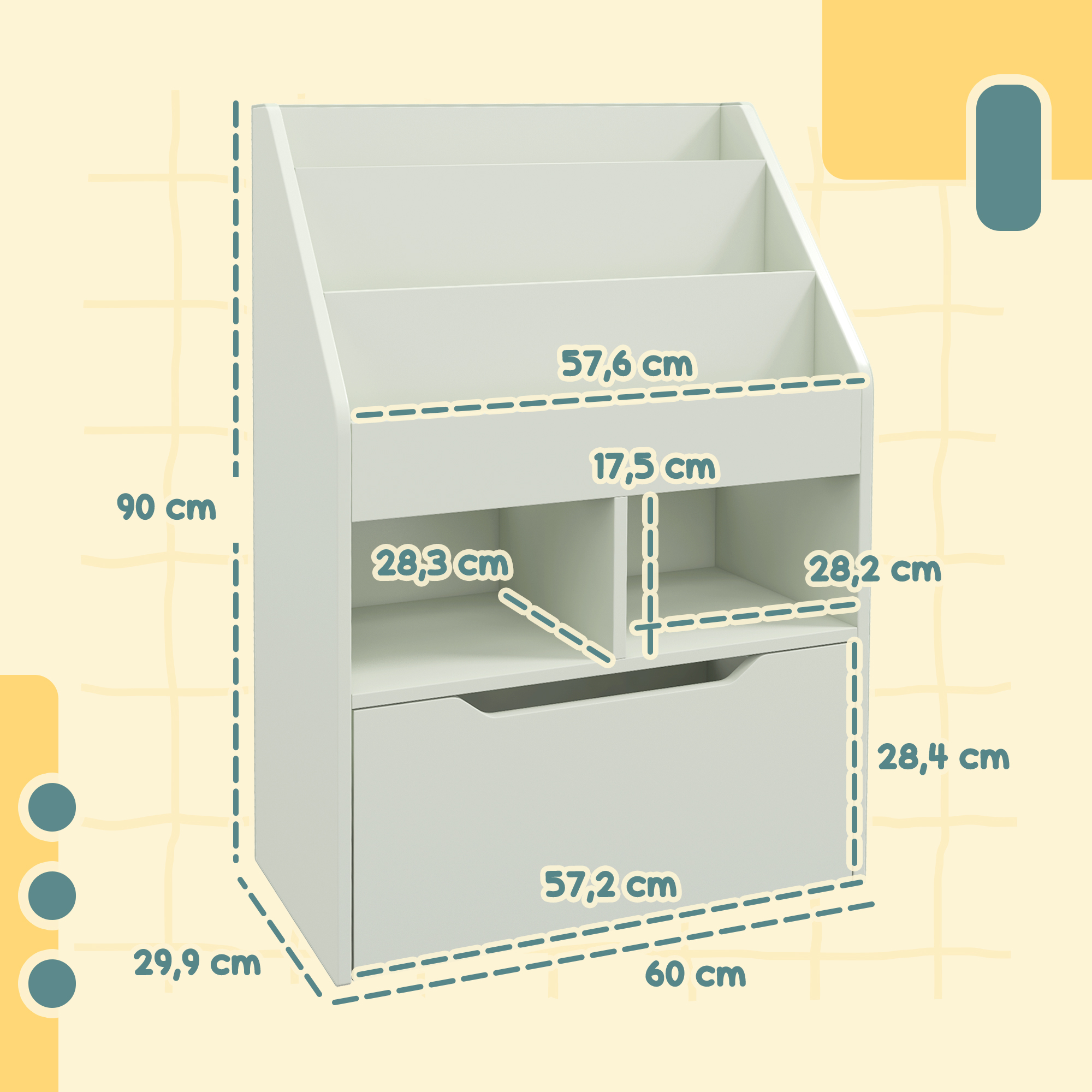 Un estante blanco con cajón, dimensiones 90x60x29,9 cm.