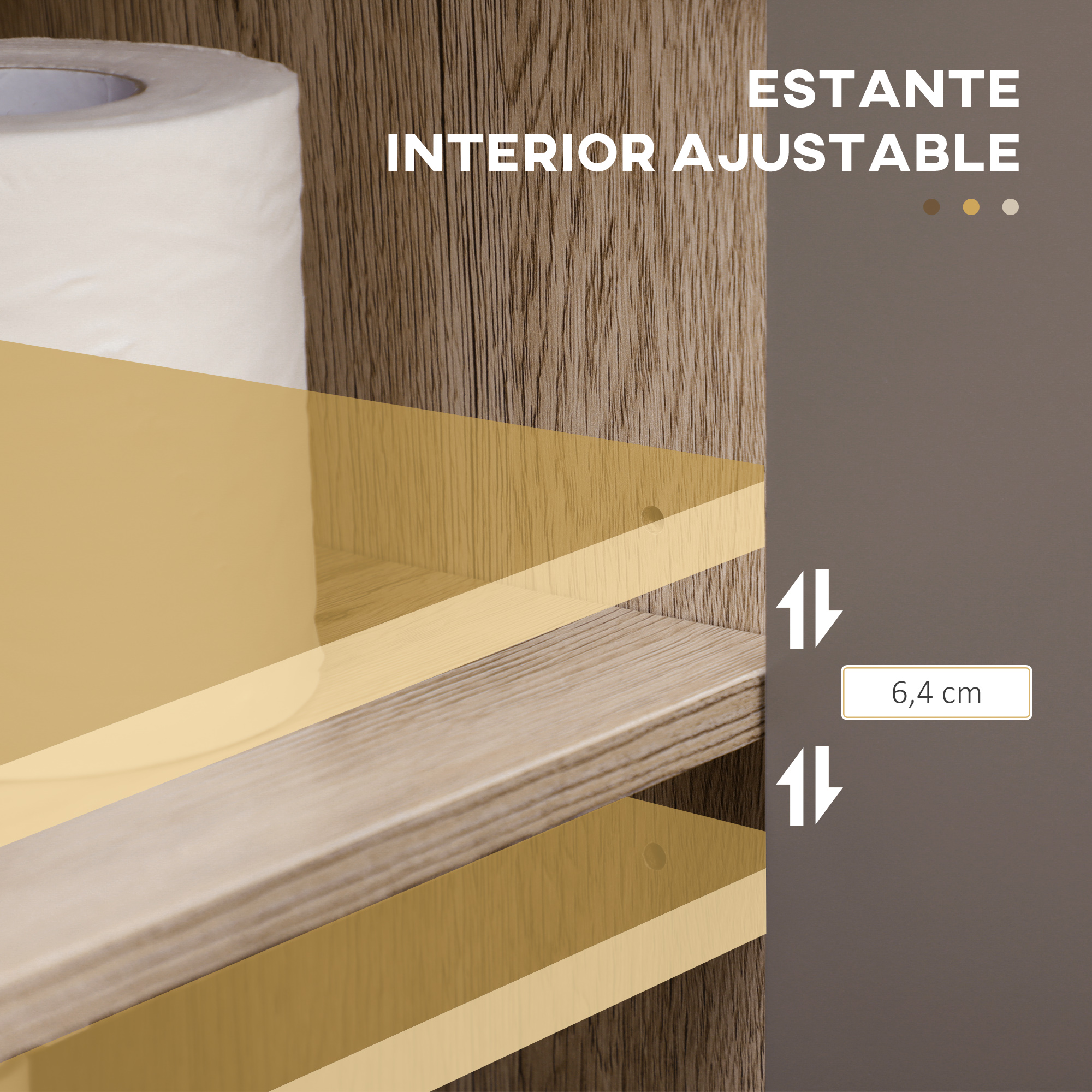 Un estante con un rollo de papel higiénico y niveles ajustables.