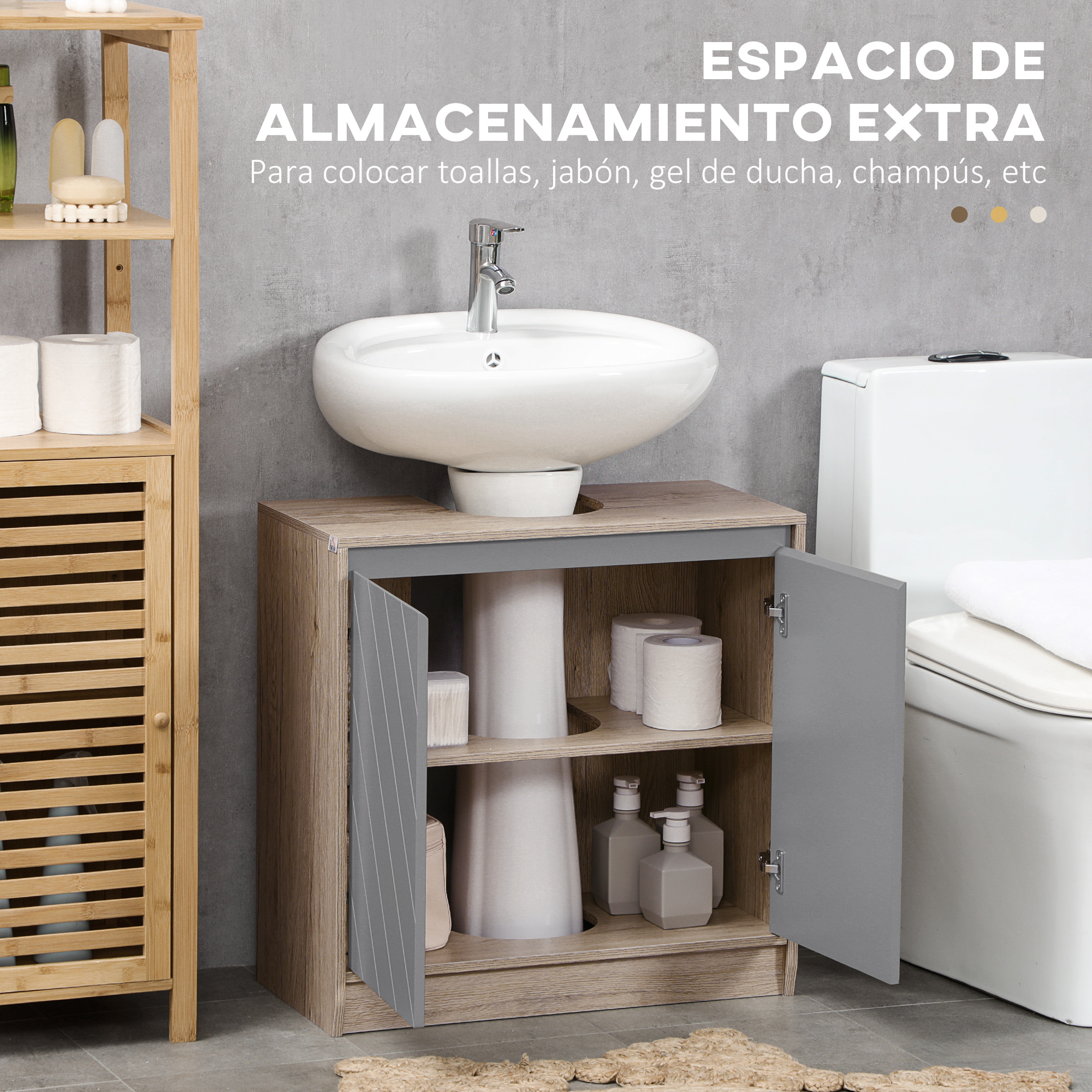 Muebles de baño con lavabo, inodoro y estante de madera. Almacenamiento visible.