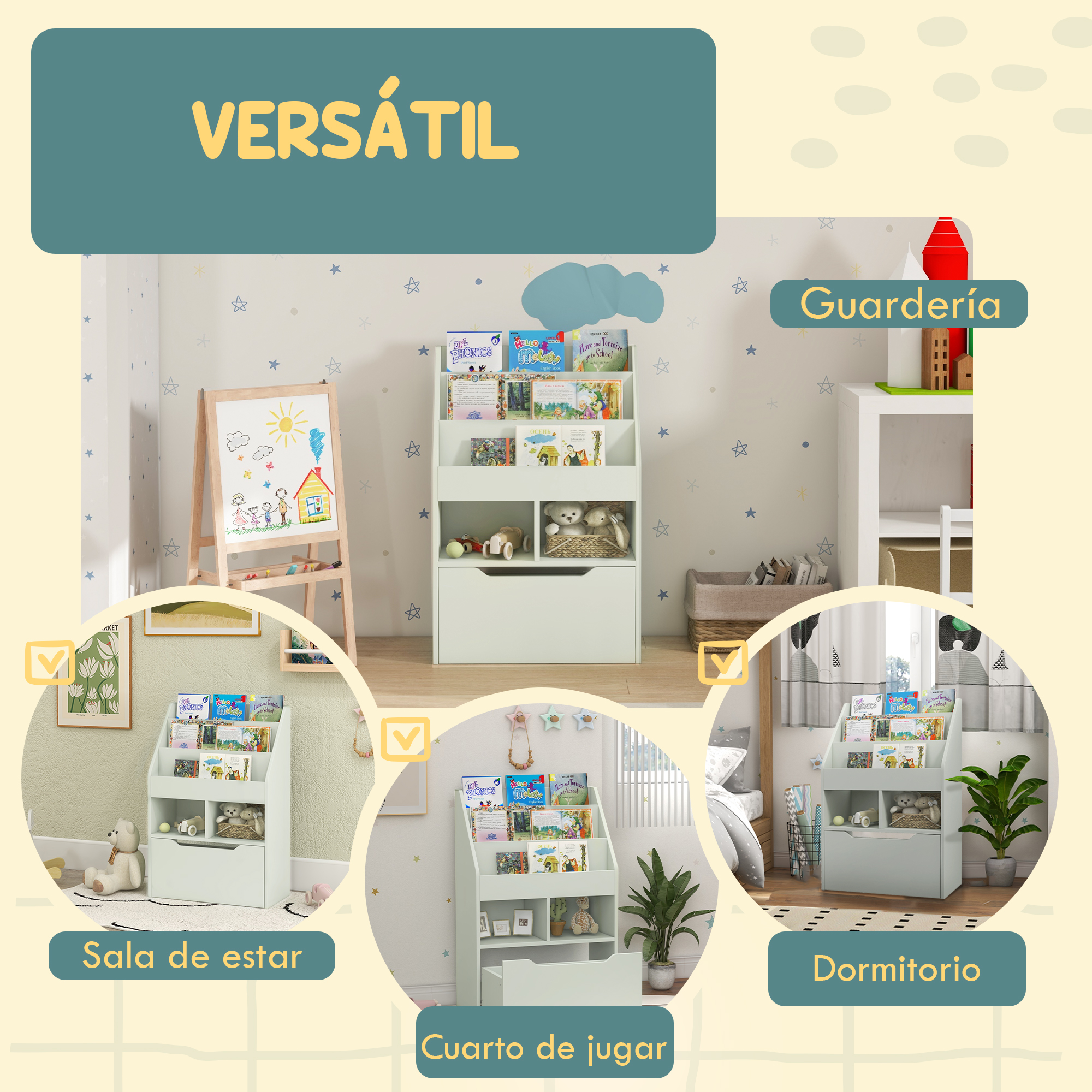 Soluciones versátiles de muebles para sala, cuarto de juegos y dormitorio.