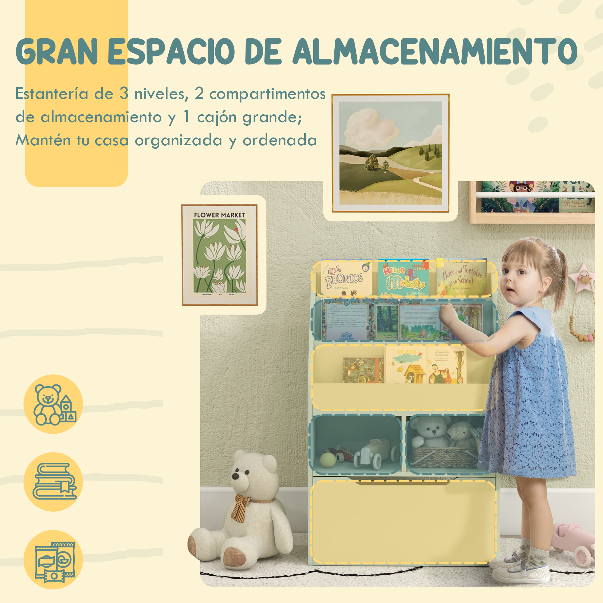 Una niña con vestido azul está frente a una estantería amarilla con libros.
