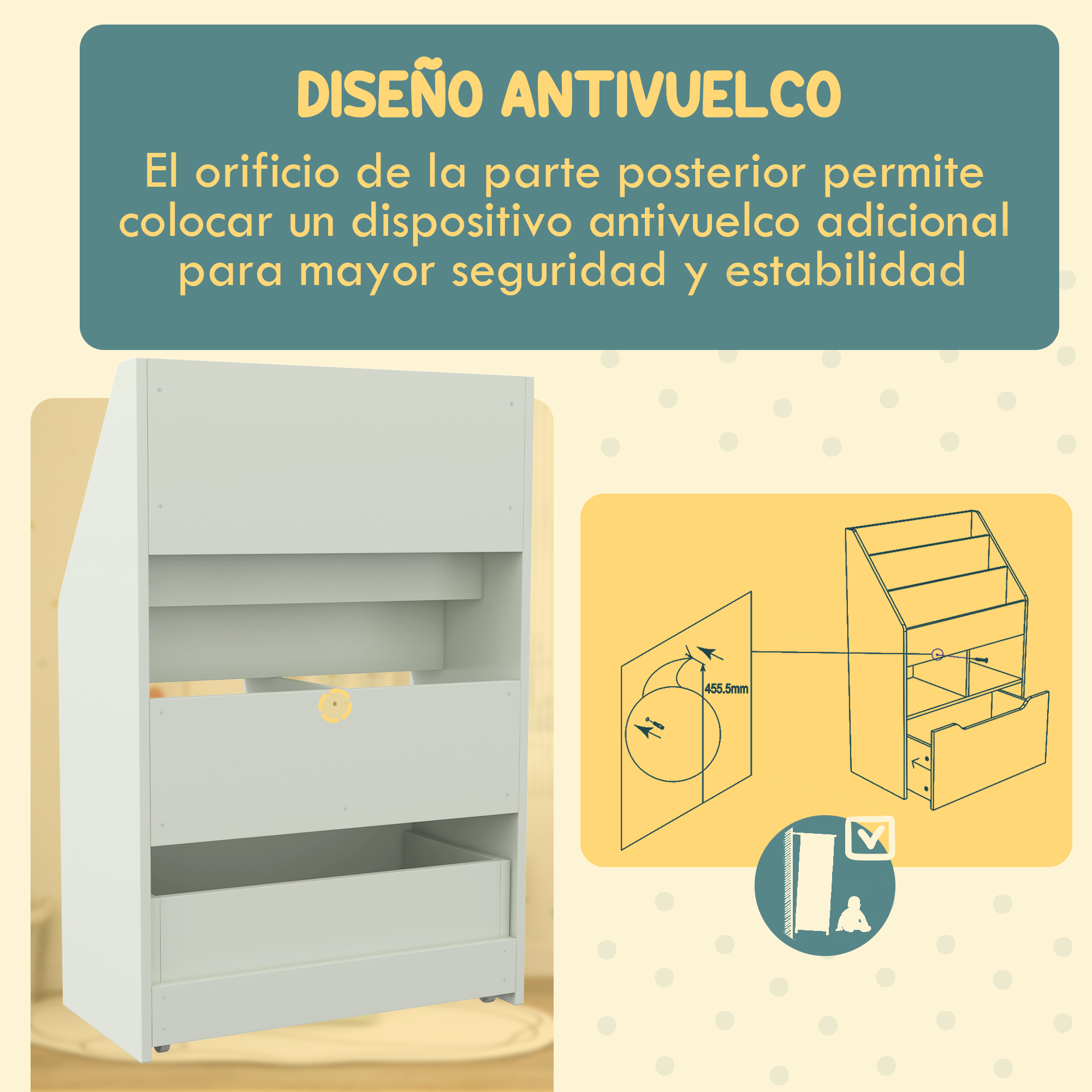 Un estante blanco con cajones y compartimentos, orificio trasero para dispositivo antivuelco.