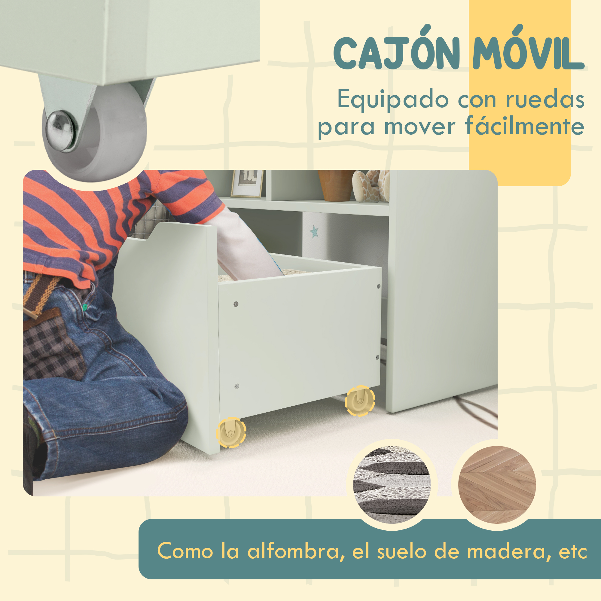 Un cajón móvil verde claro con ruedas, sobre alfombra y suelo de madera.