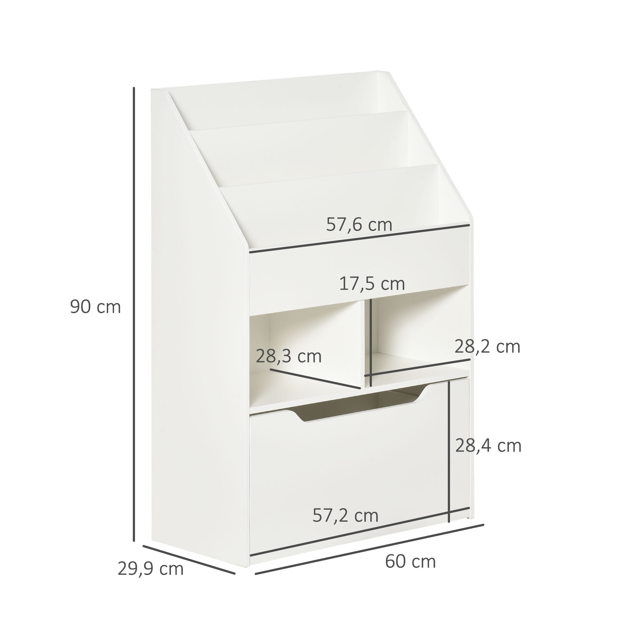 Unidad de almacenamiento blanca con varios compartimentos y un cajón. Se indican las dimensiones.