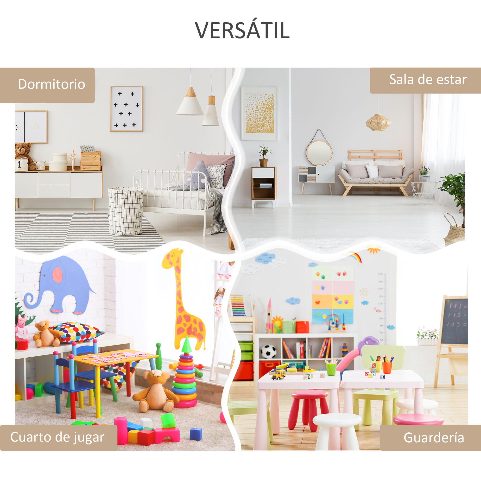 Cuatro escenas: dormitorio, sala de estar, sala de juegos, guardería.