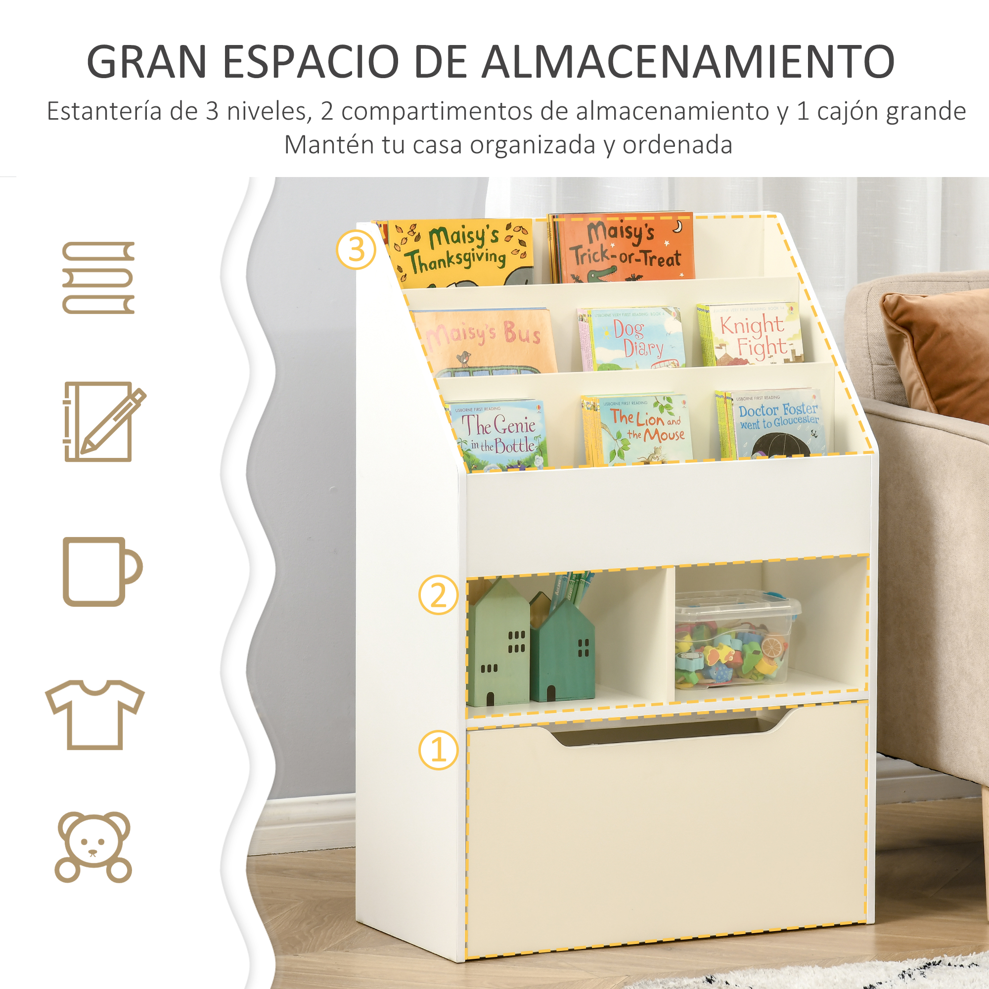 Estantería blanca con libros, juguetes y cajón. Tiene tres niveles con libros y una caja de juguetes.