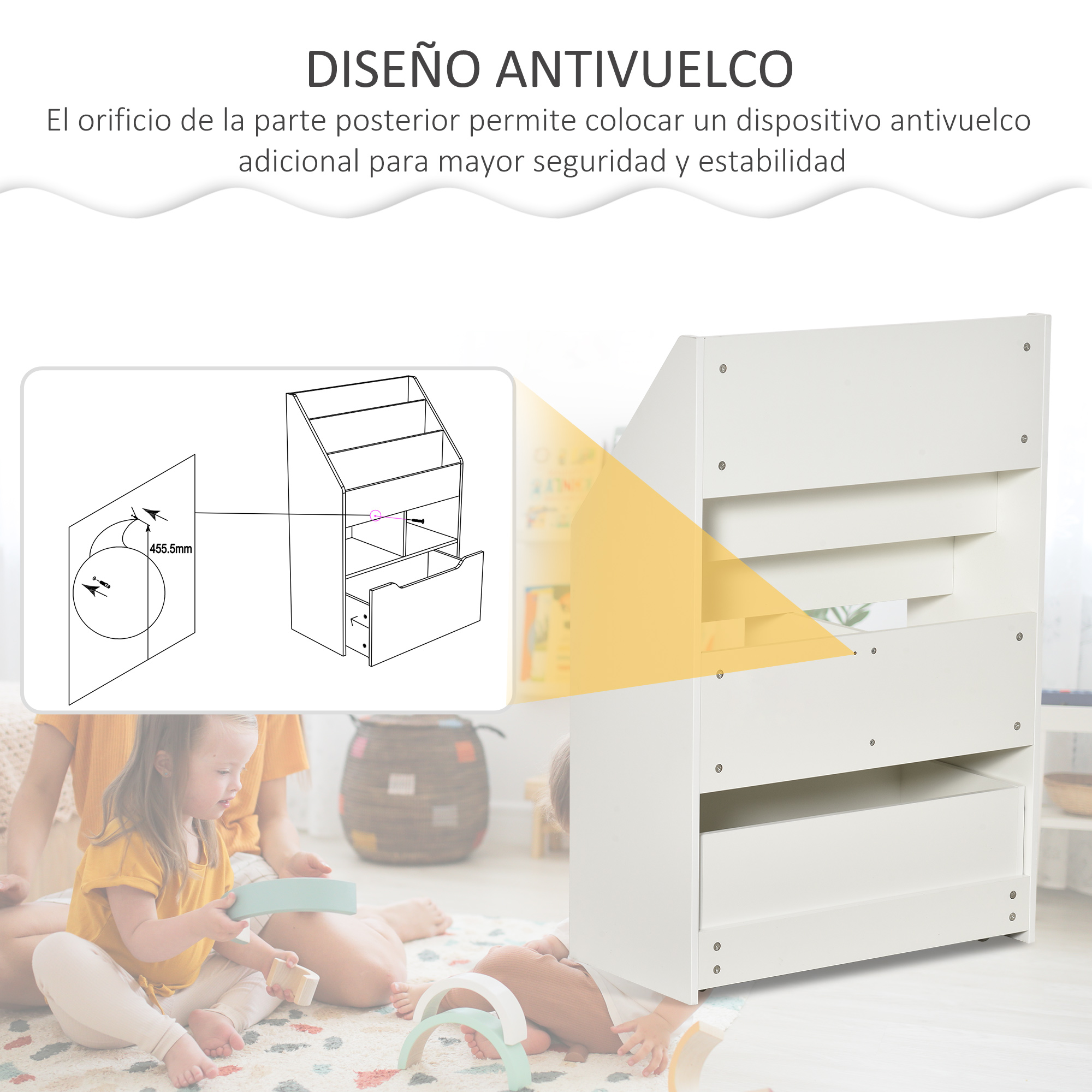 Se muestra una estantería blanca con cajones, con dibujo detallado y niños en primer plano.