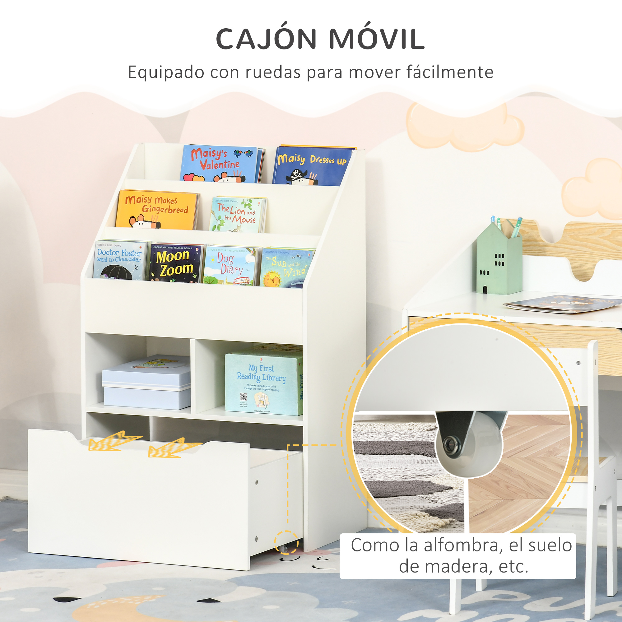 Se muestra una estantería blanca con libros y un cajón con ruedas.