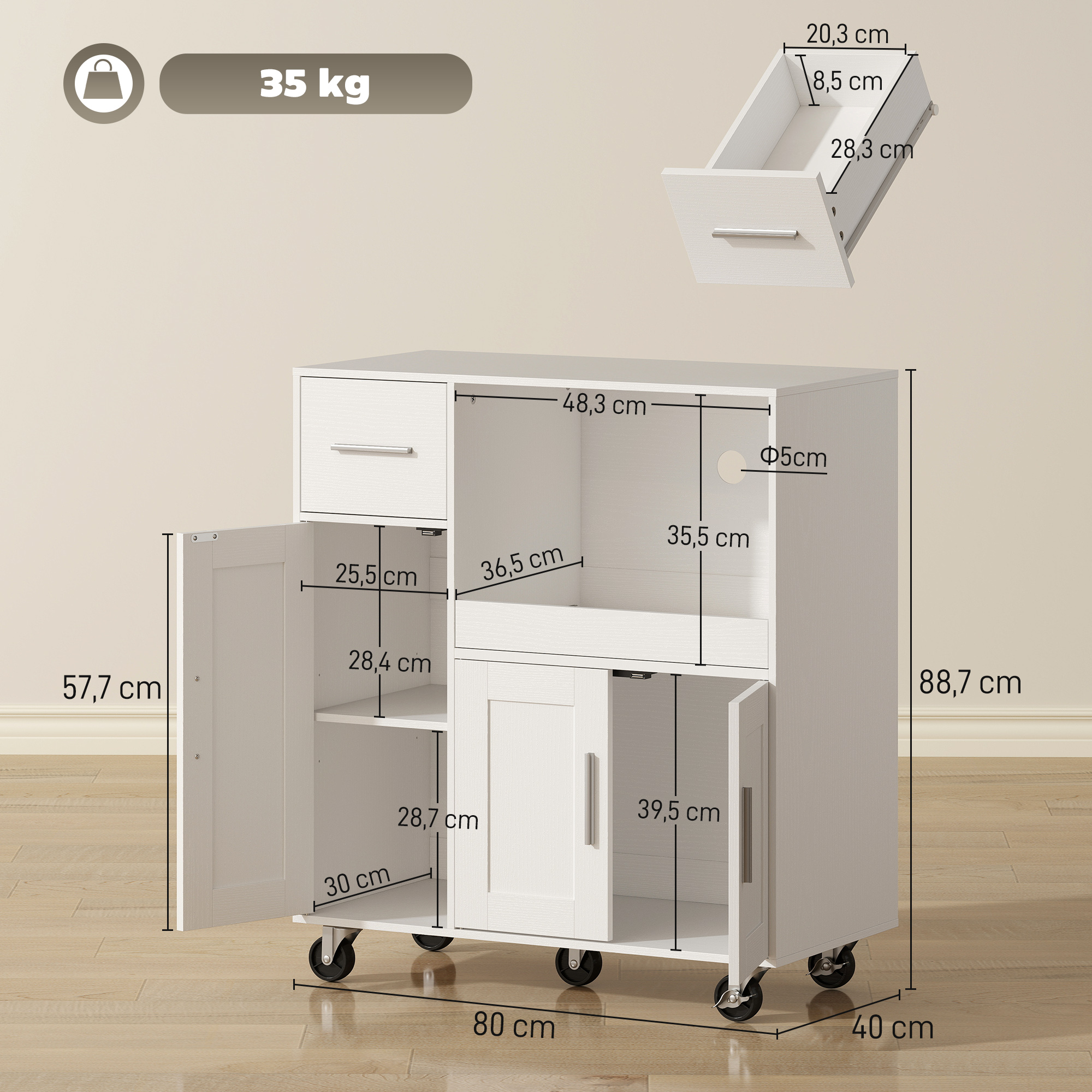 Carrito de cocina blanco con cajones, puertas y ruedas. Se muestran las dimensiones.
