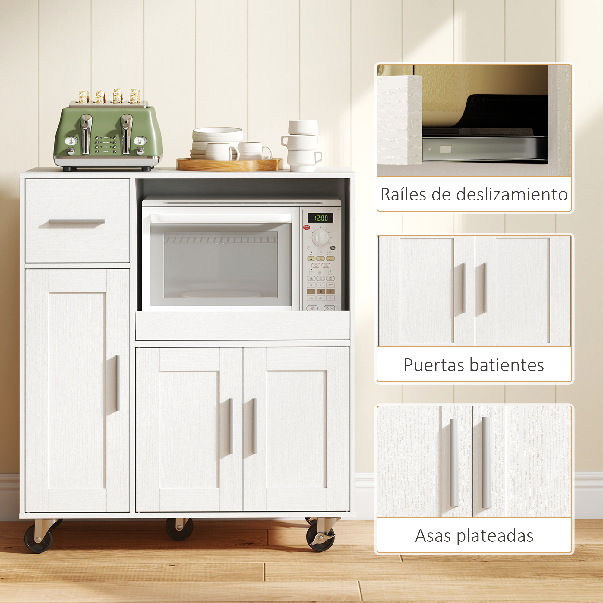 Un carrito de cocina blanco con microondas, tostadora, cajones y puertas.