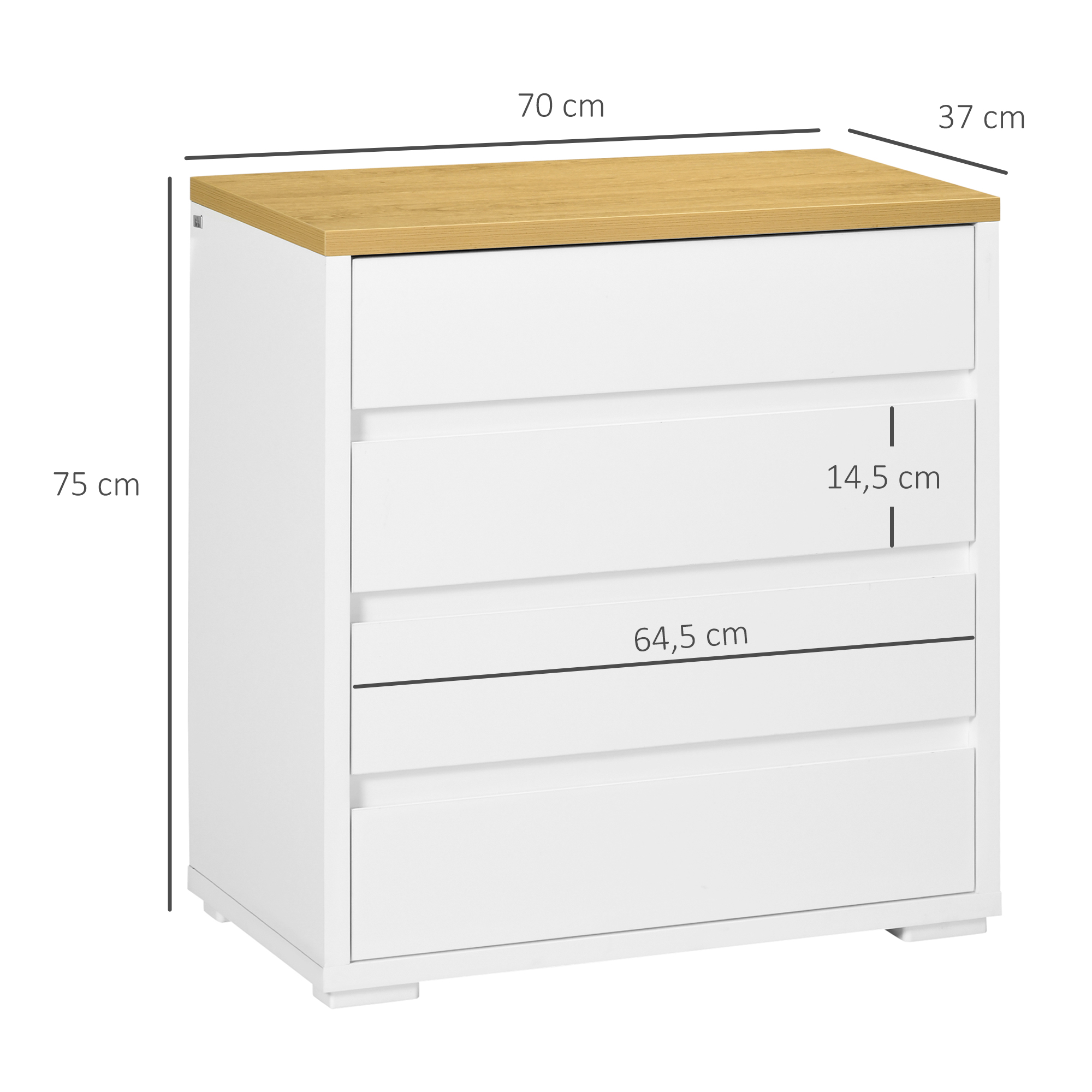 Cómoda blanca de cuatro cajones con tapa de madera. Dimensiones 75x70x37cm.
