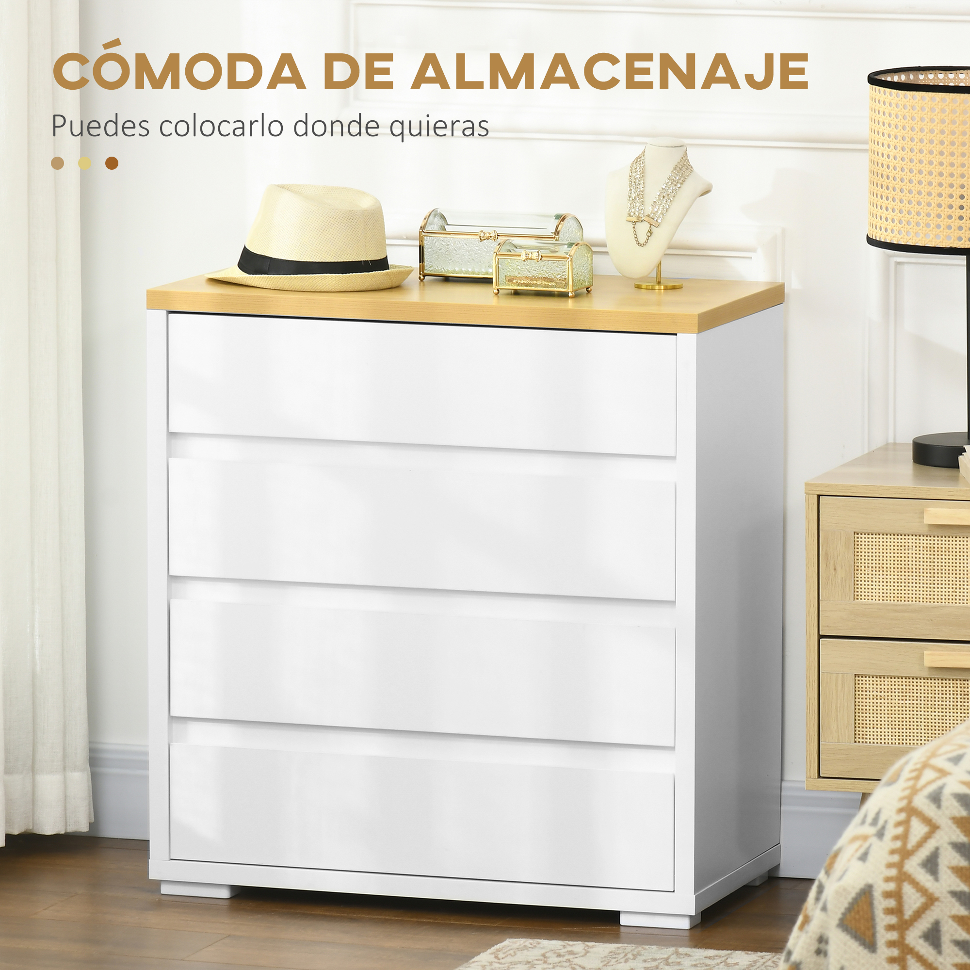 Cómoda blanca con tapa de madera, sombrero, joyeros y collar.