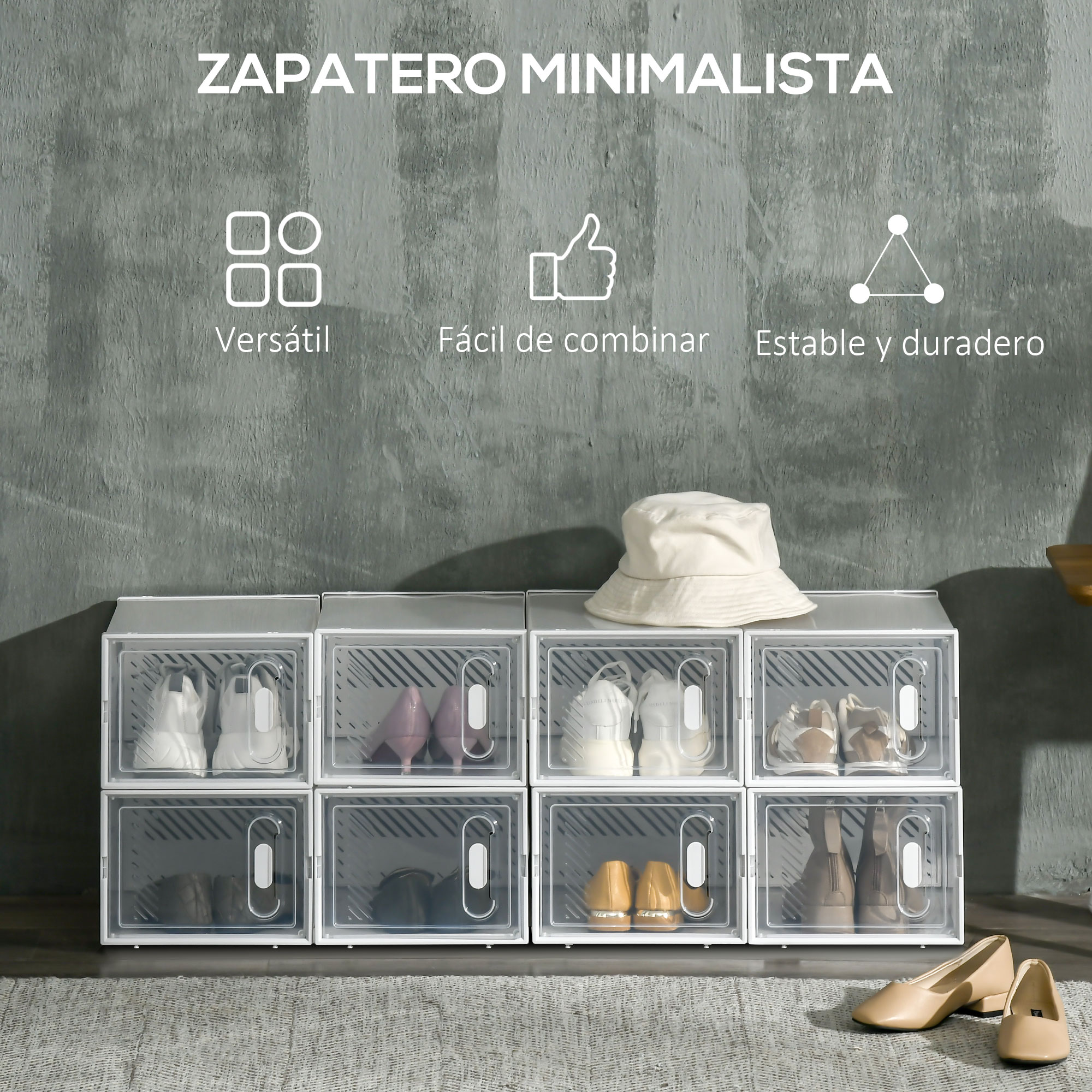 Un zapatero con ocho cajones transparentes llenos de varios zapatos.