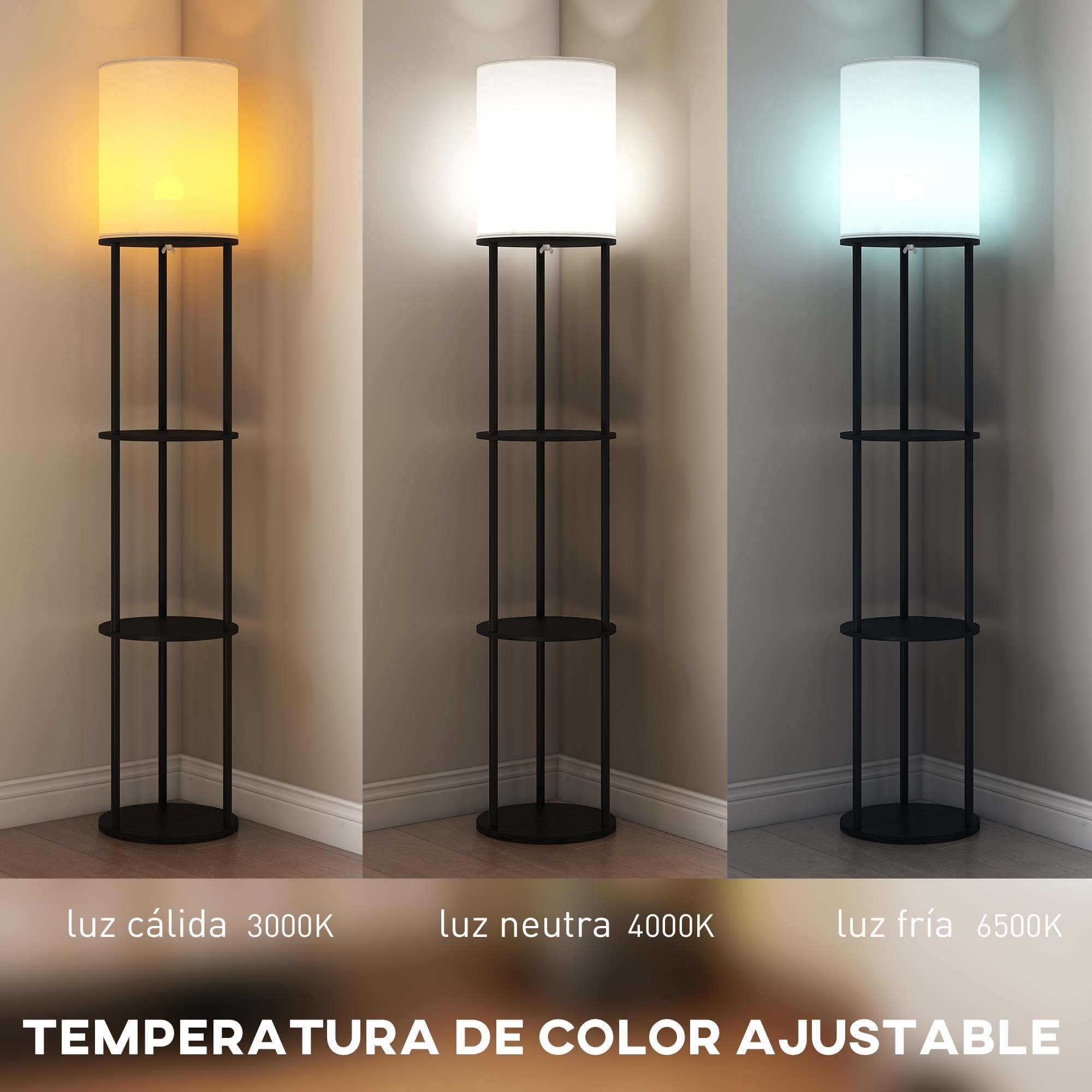 Lámpara de pie con temperatura de color ajustable: cálida, neutra y fría.