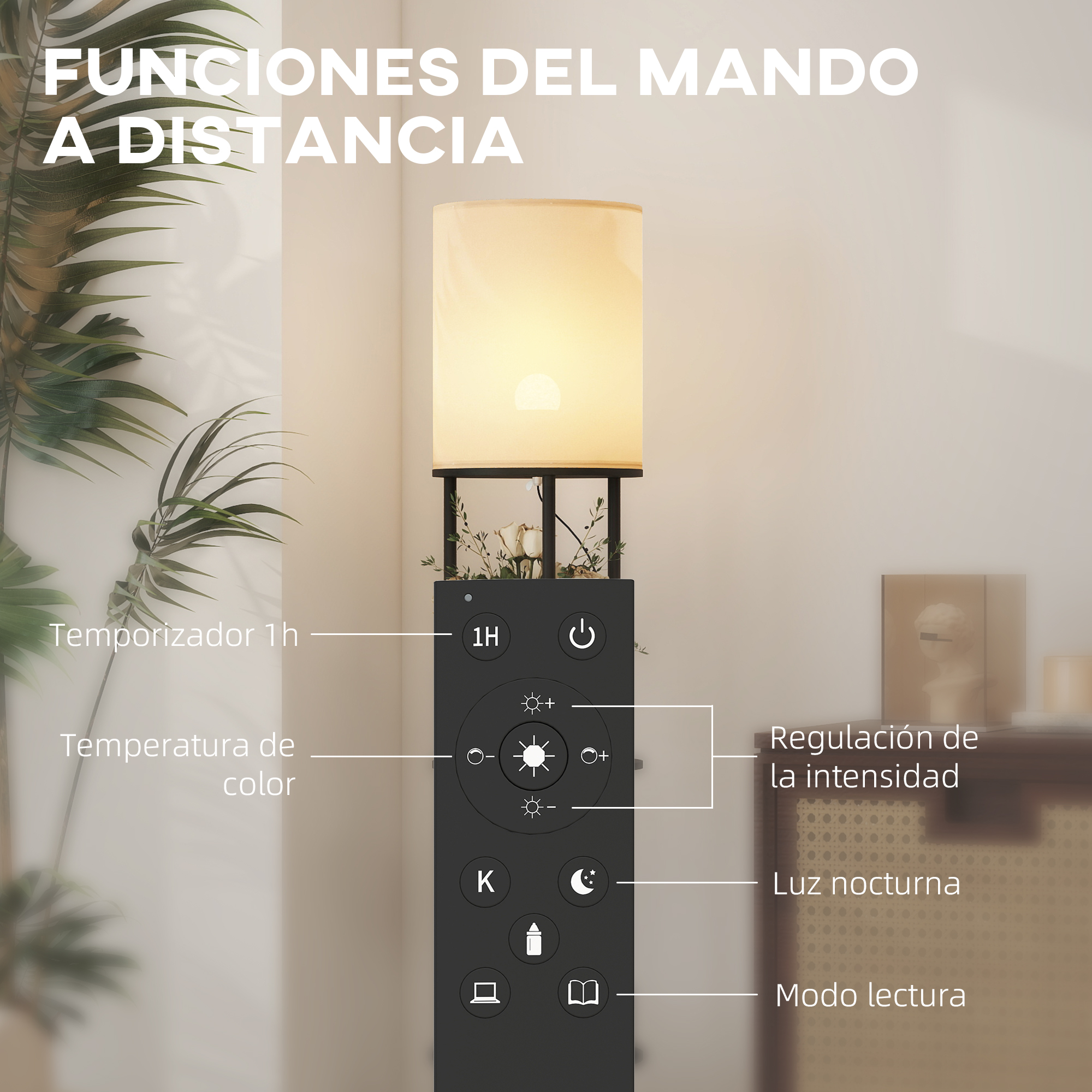 Una lámpara con control remoto, mostrando temporizador, color y brillo.