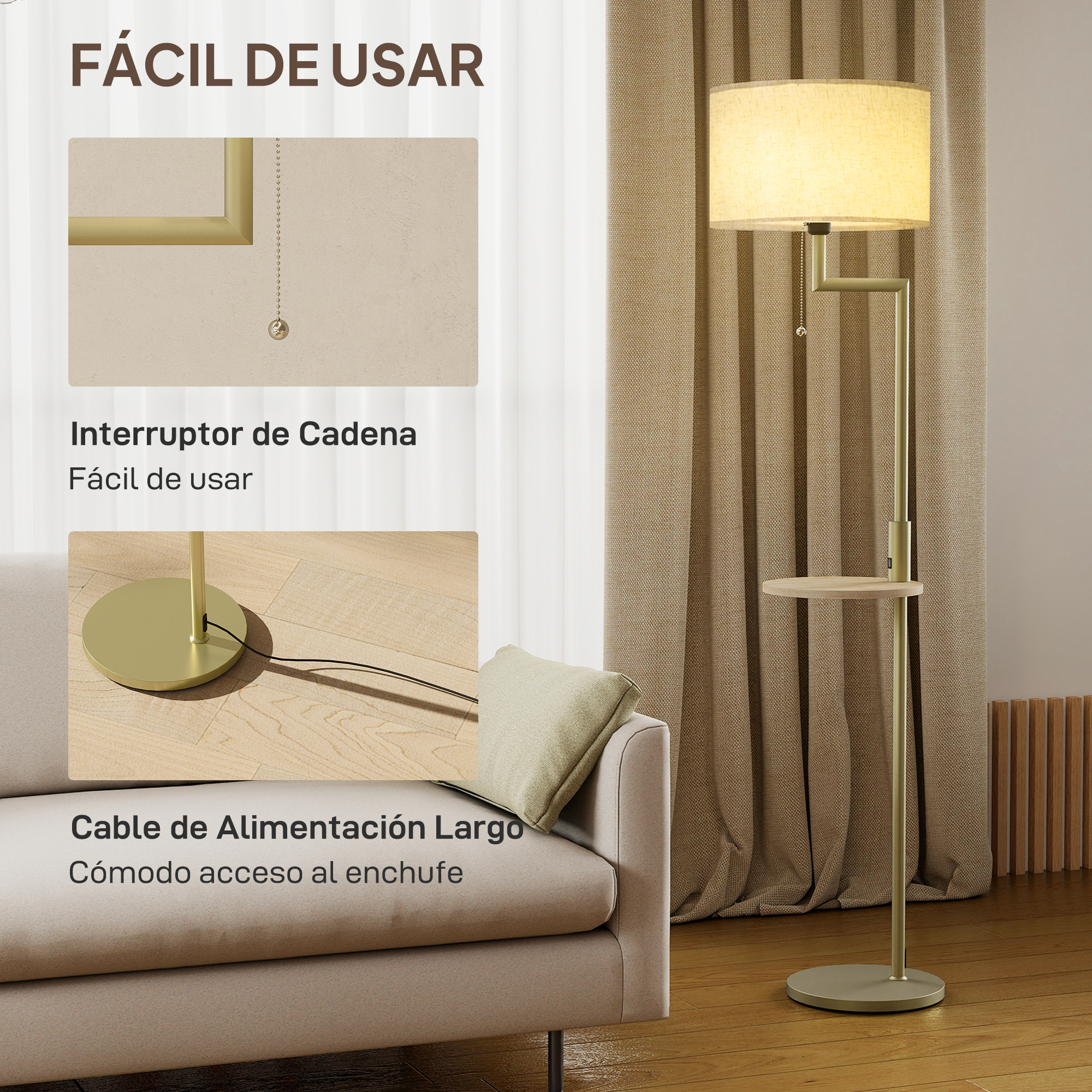 Una lámpara de pie moderna con marco dorado y pantalla beige junto a un sofá.
