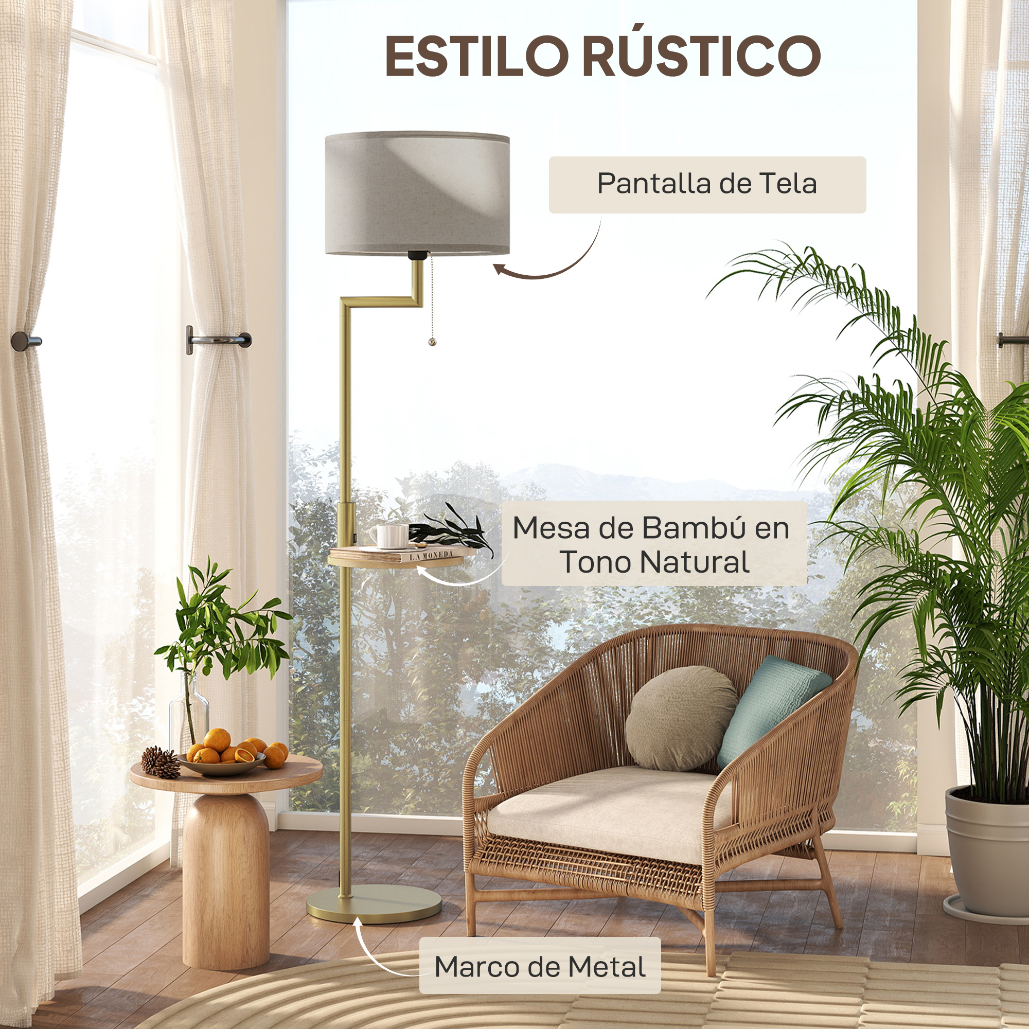 Un sillón de ratán con cojines junto a una mesa auxiliar y una lámpara de pie.