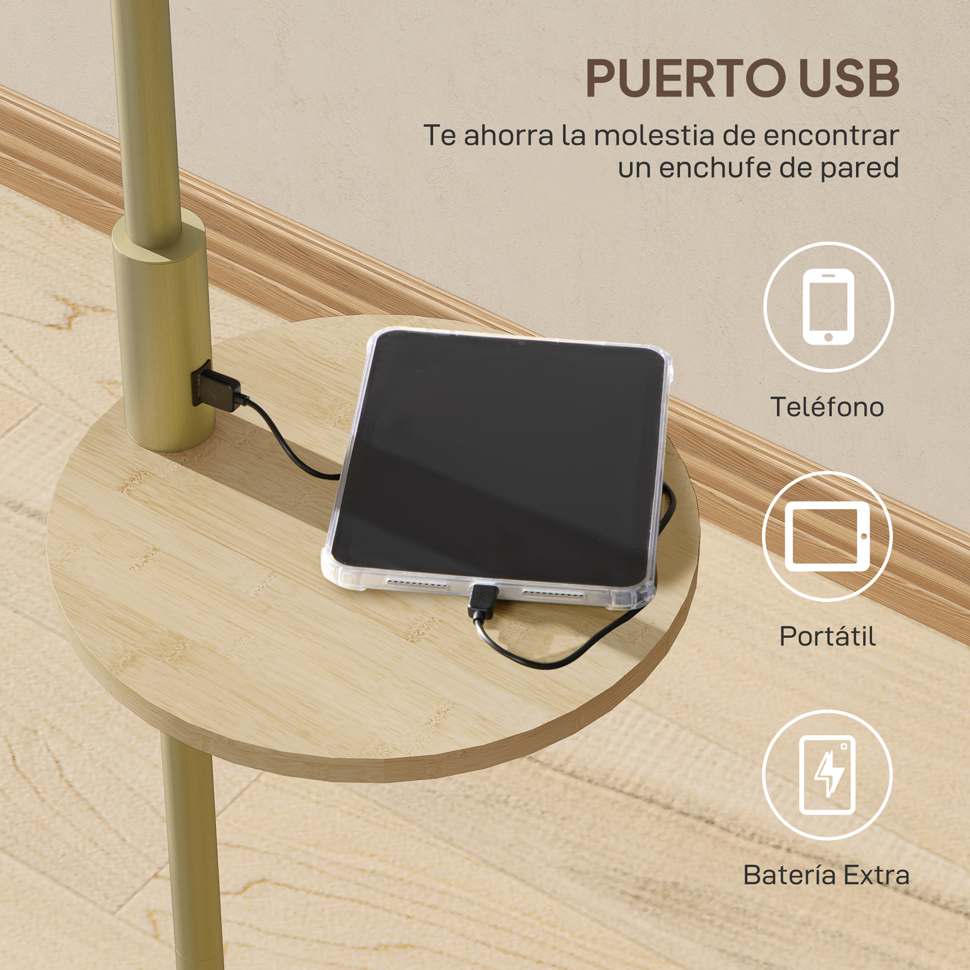 Una tableta se está cargando en una mesa redonda de madera con puerto USB.