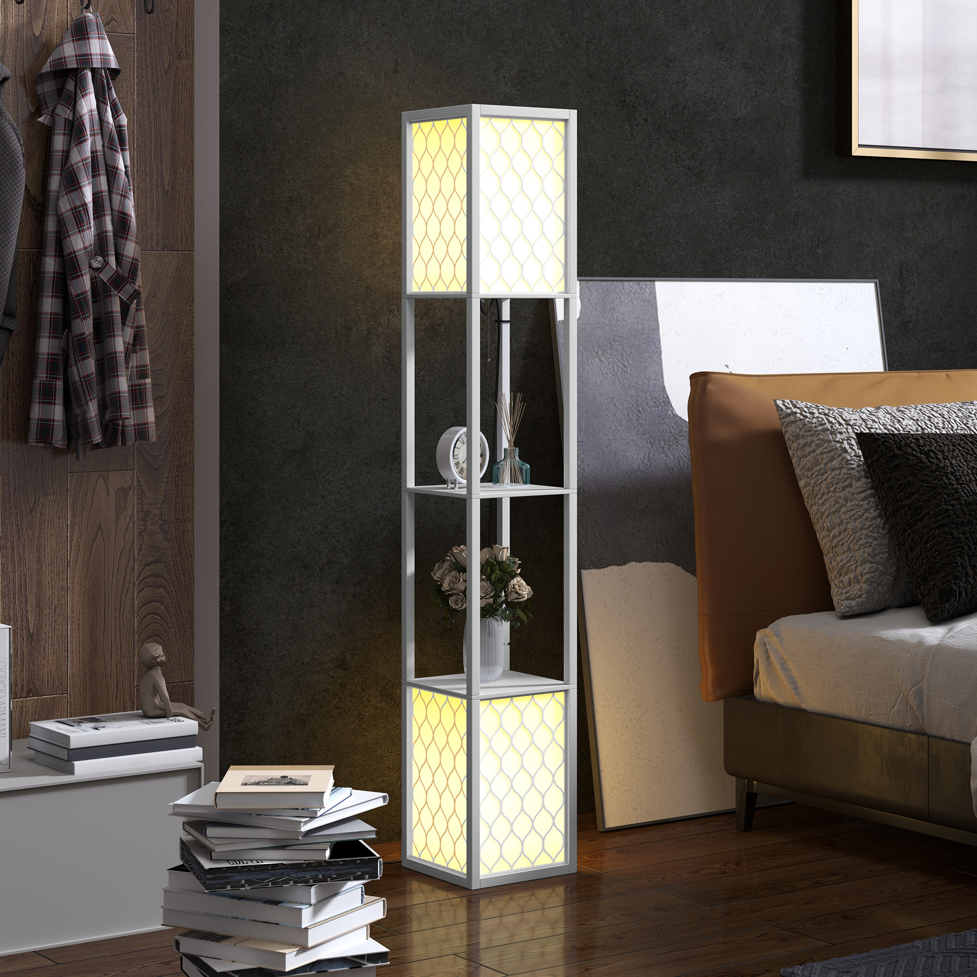 Una habitación moderna con estantería de iluminación, cama y ropa colgada.