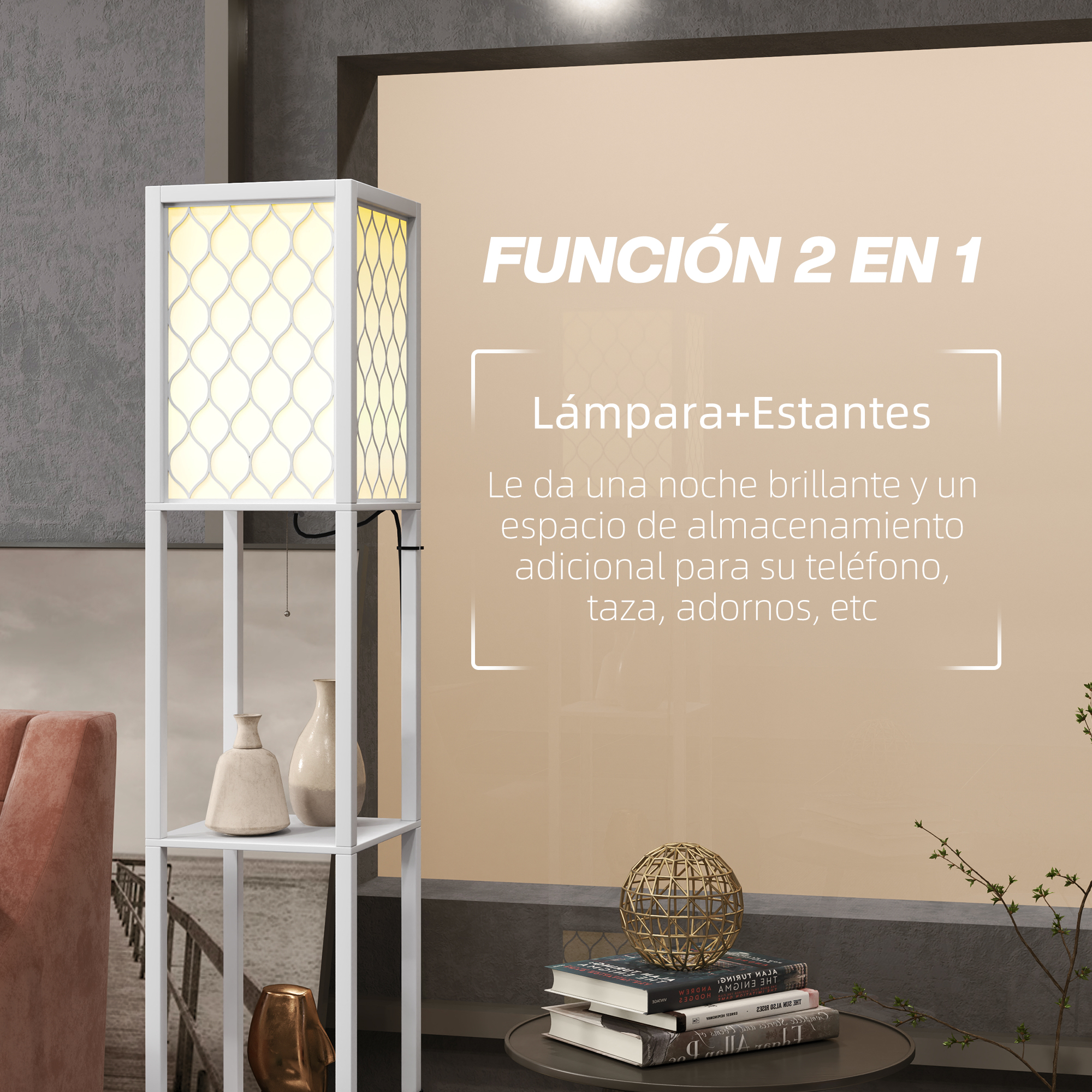 Lámpara de pie blanca con estantes, funciona como mesa auxiliar.