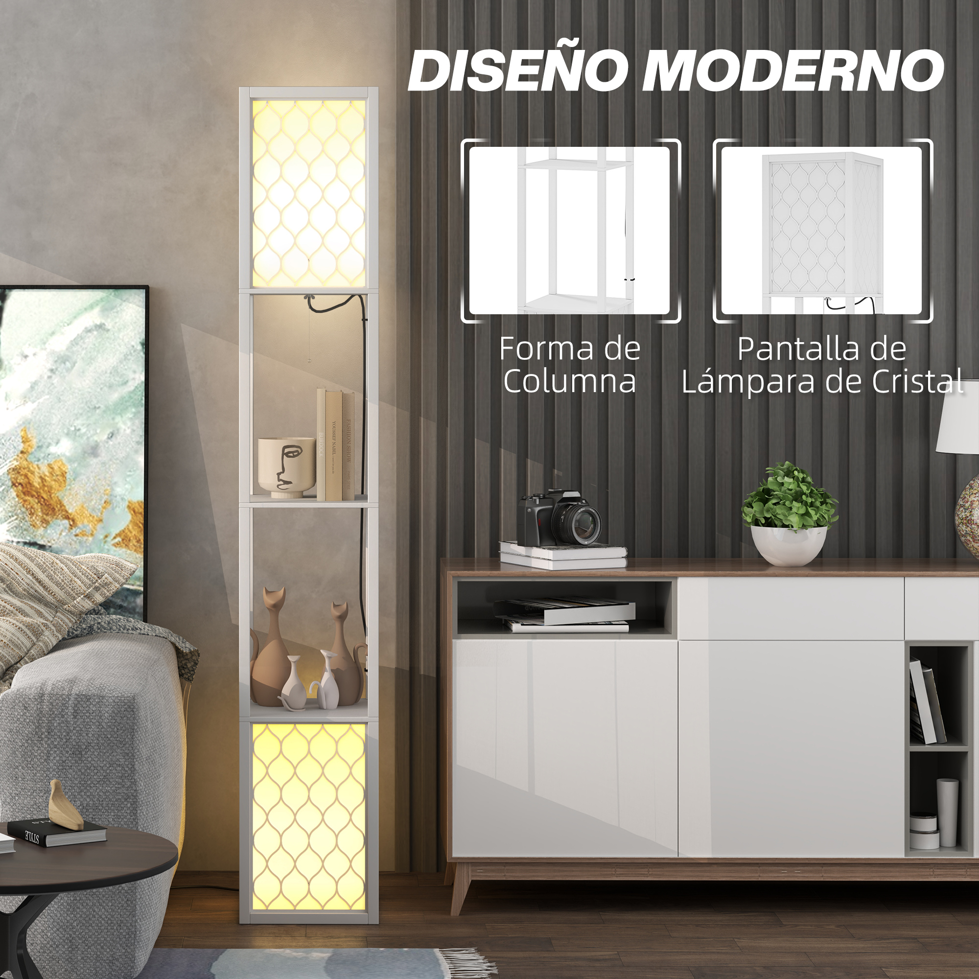 Lámpara de columna moderna con paneles de luz estampados junto a sofá y aparador.