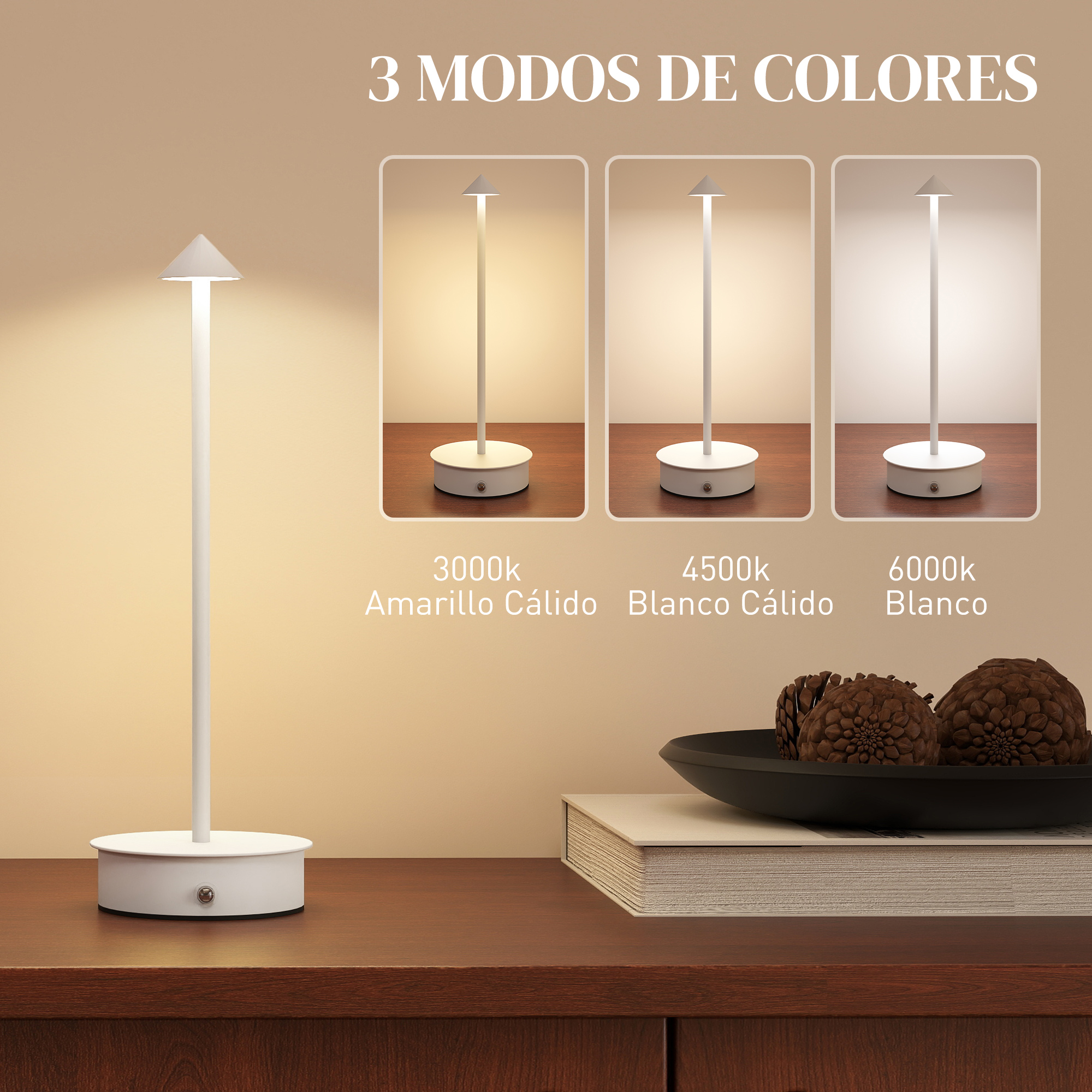 Lámpara blanca con tres modos de color: 3000k, 4500k, 6000k.