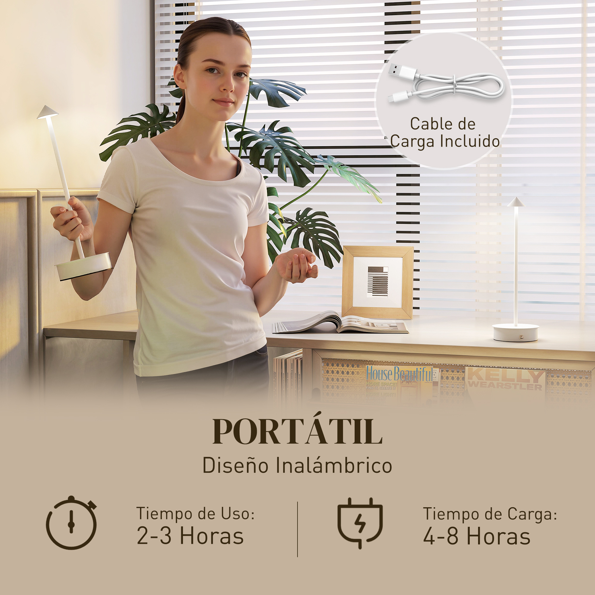 Mujer con lámpara y cable de carga. Portátil, diseño inalámbrico.