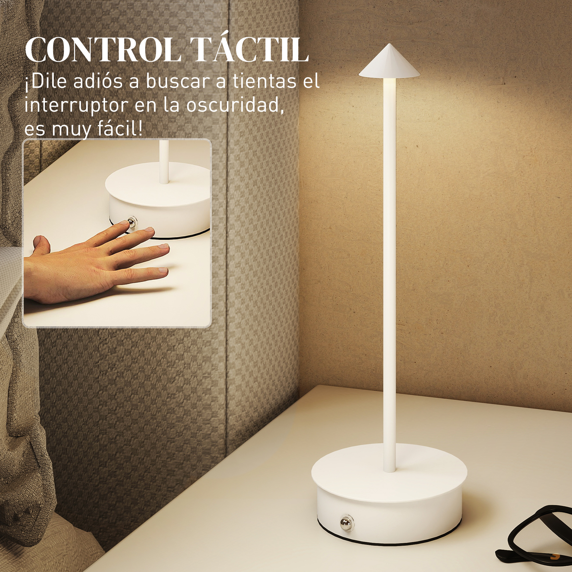 Una lámpara blanca con control táctil en una mesita de noche. Una mano la toca.