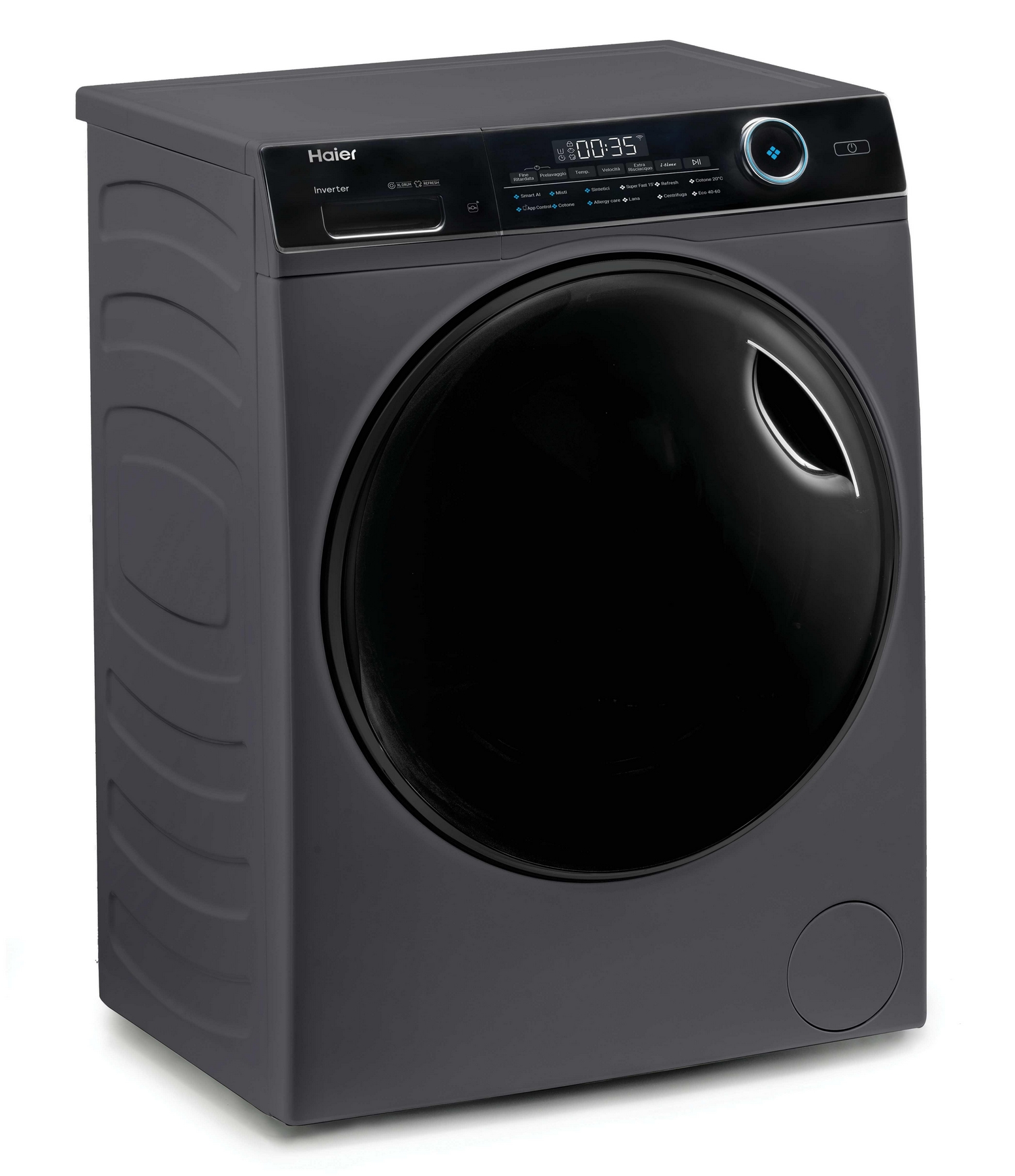 Lavatrice Haier grigia con oblò nero e display digitale.
