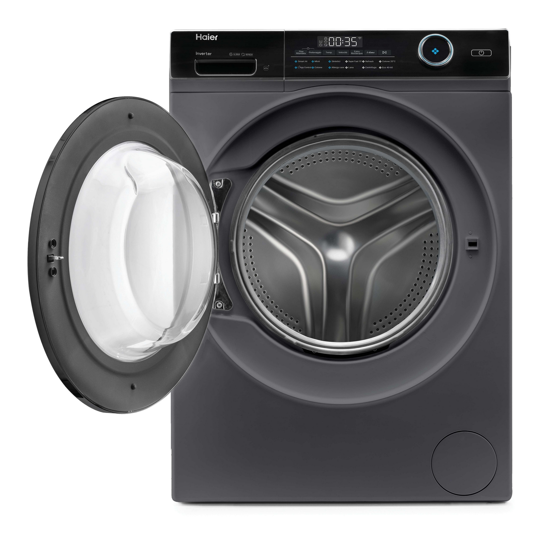 Lavatrice Haier grigia con oblò aperto, display digitale e pannello di controllo.