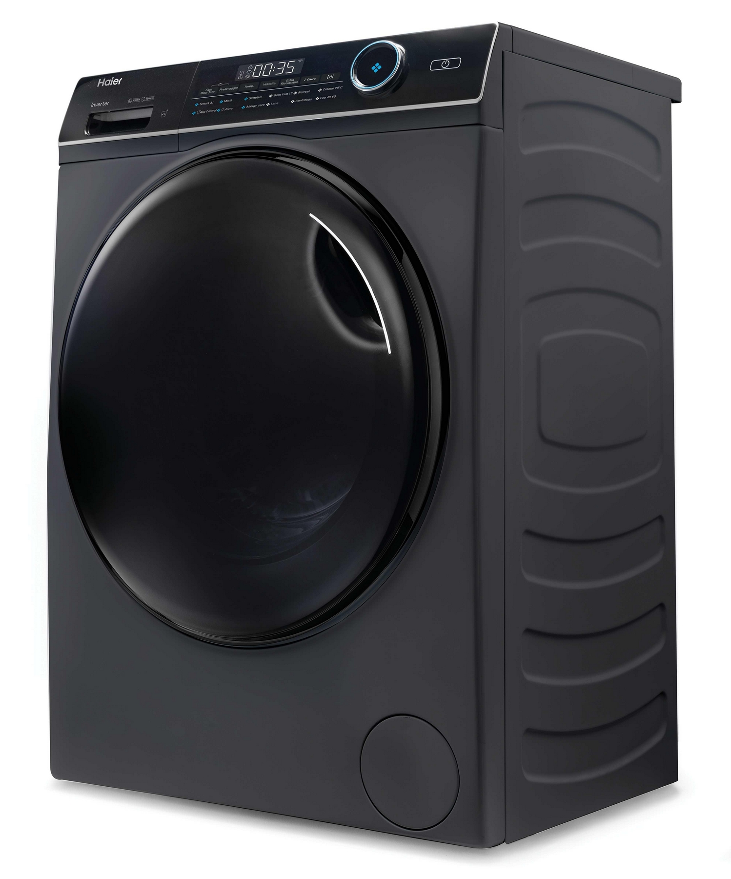 Lavatrice Haier nera con display digitale e oblò tondo.