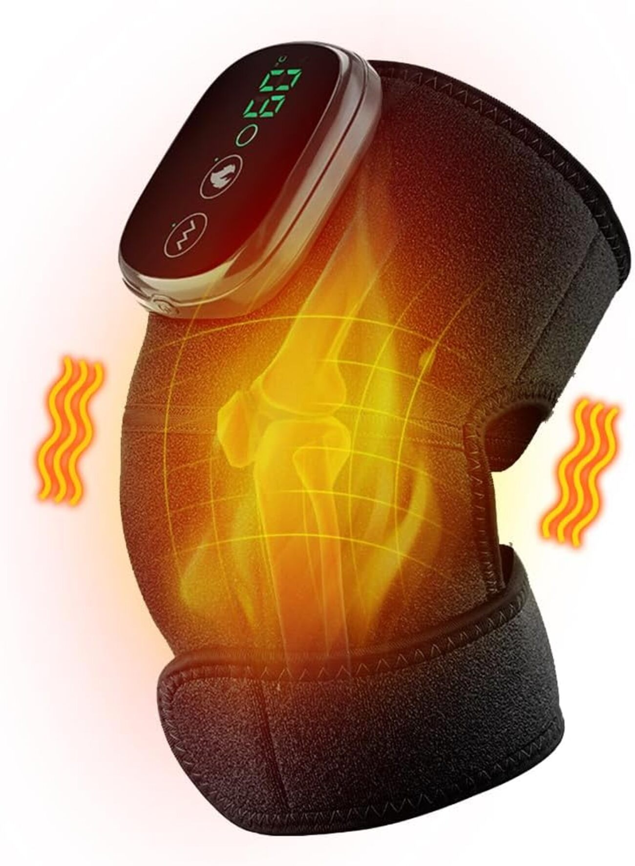 Una rodillera térmica con pantalla digital y gráficos de ondas de calor.