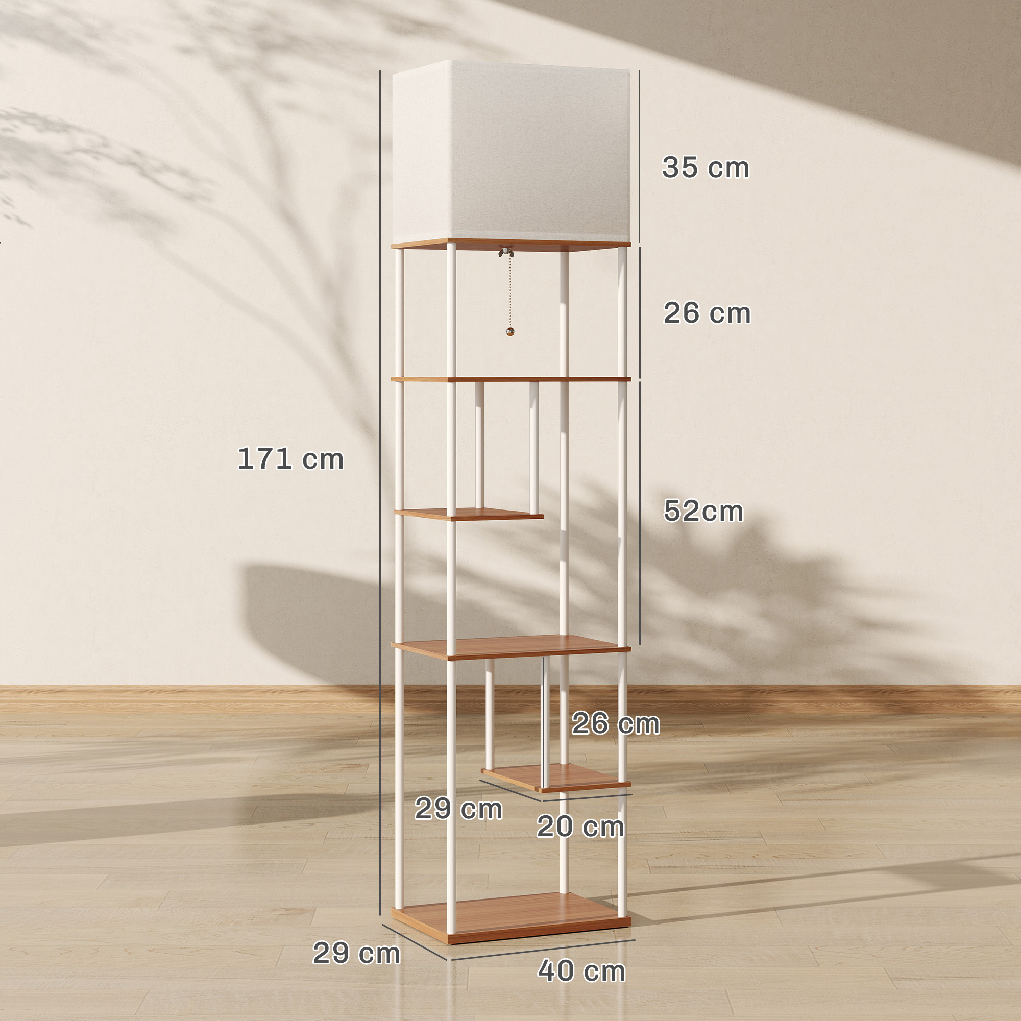 Una pantalla de lámpara blanca con estantes de madera y soportes blancos.