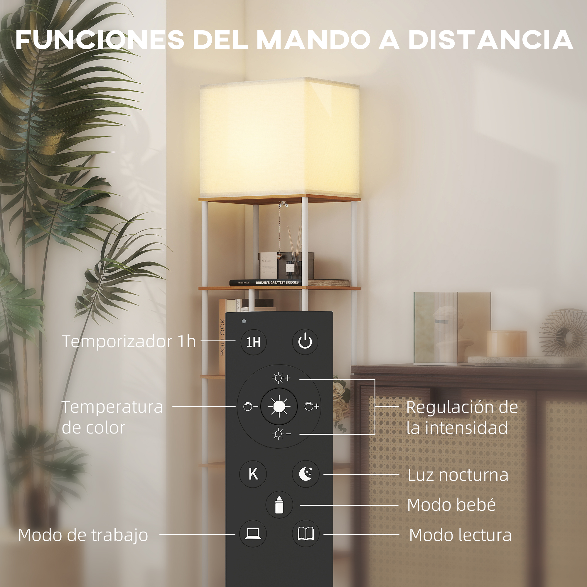 Diseño de mando a distancia con funciones como temporizador, temperatura de color y modos.