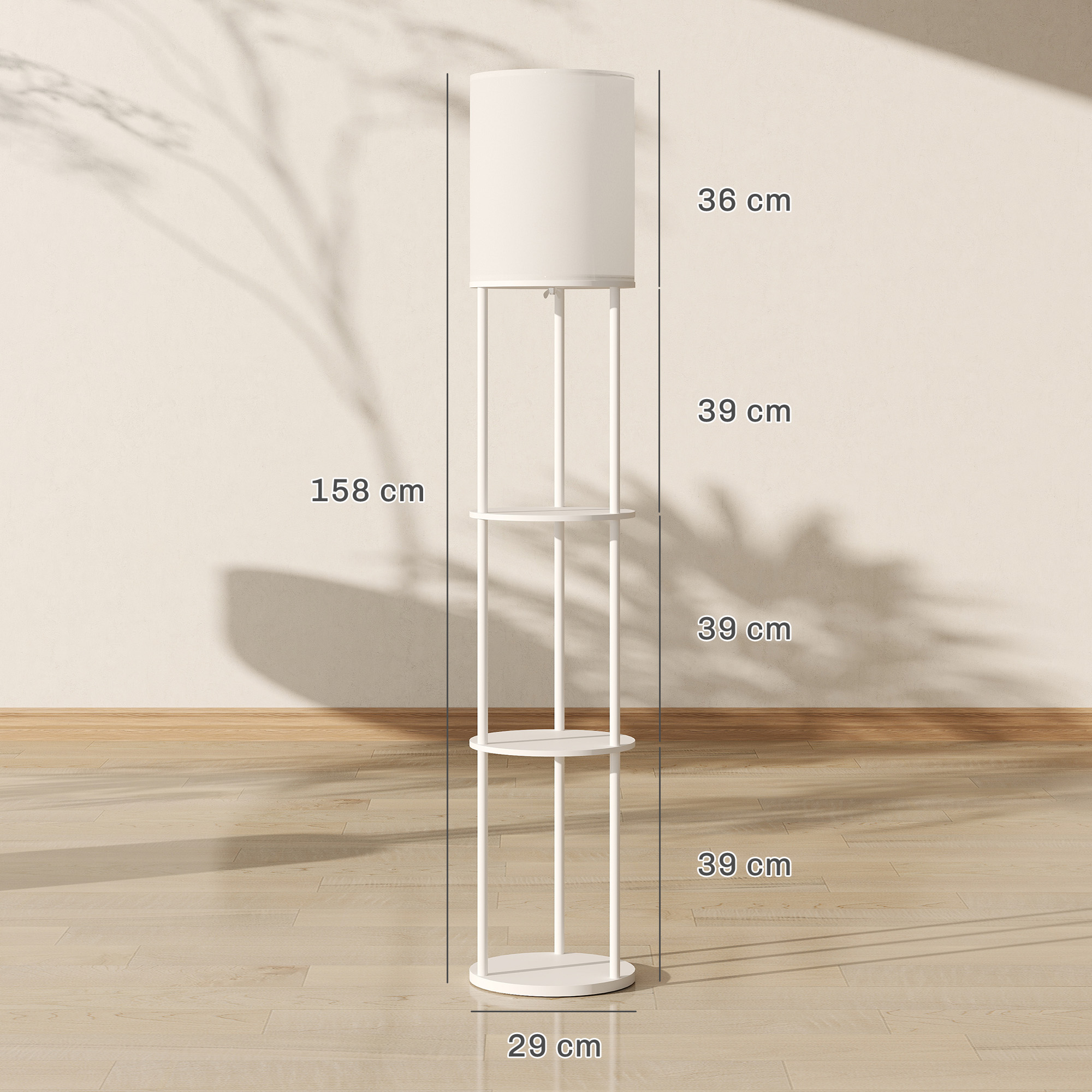 Un soporte de lámpara de pie blanco con estantes, se indican las dimensiones.
