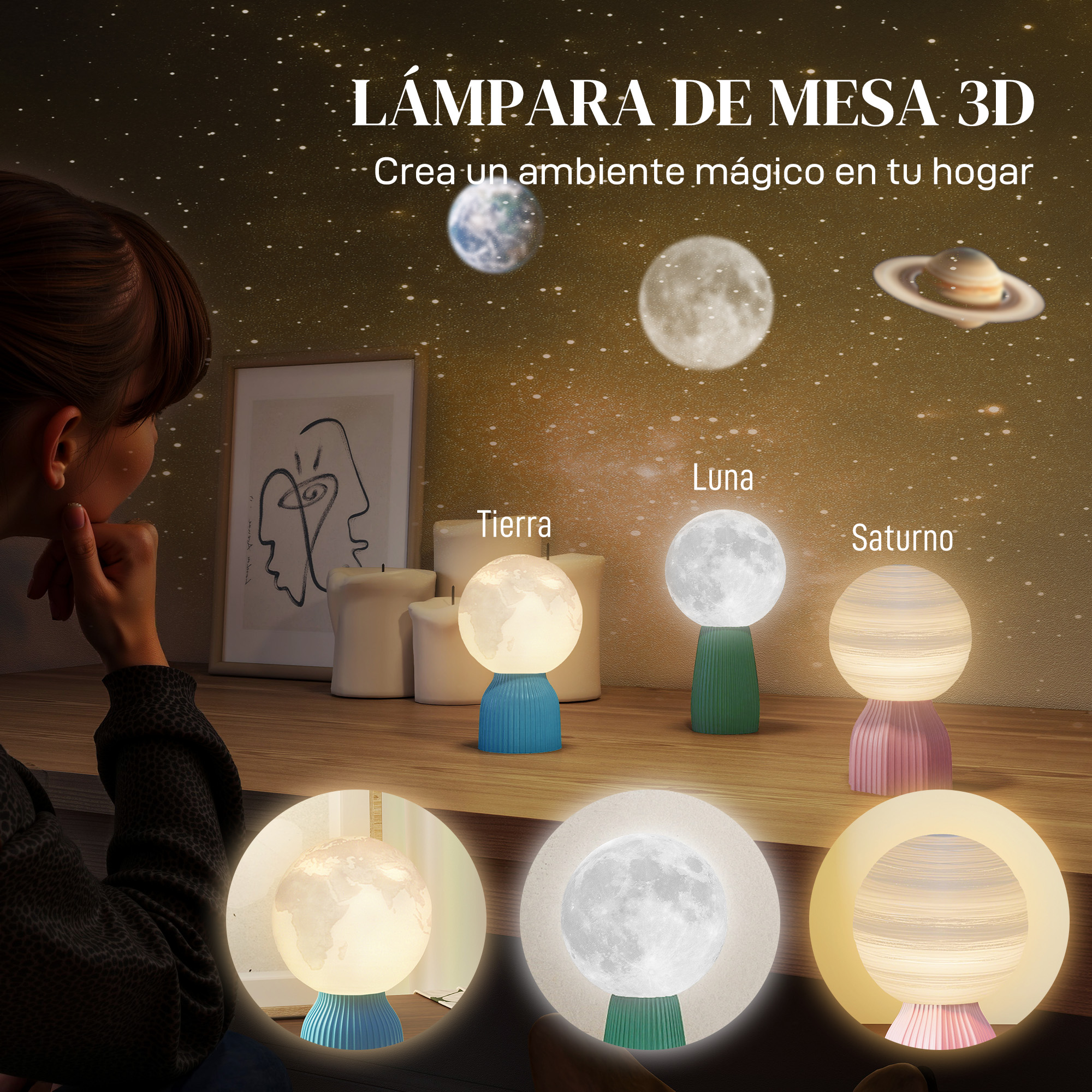 Una mujer mira lámparas de mesa con forma de Tierra, Luna y Saturno.