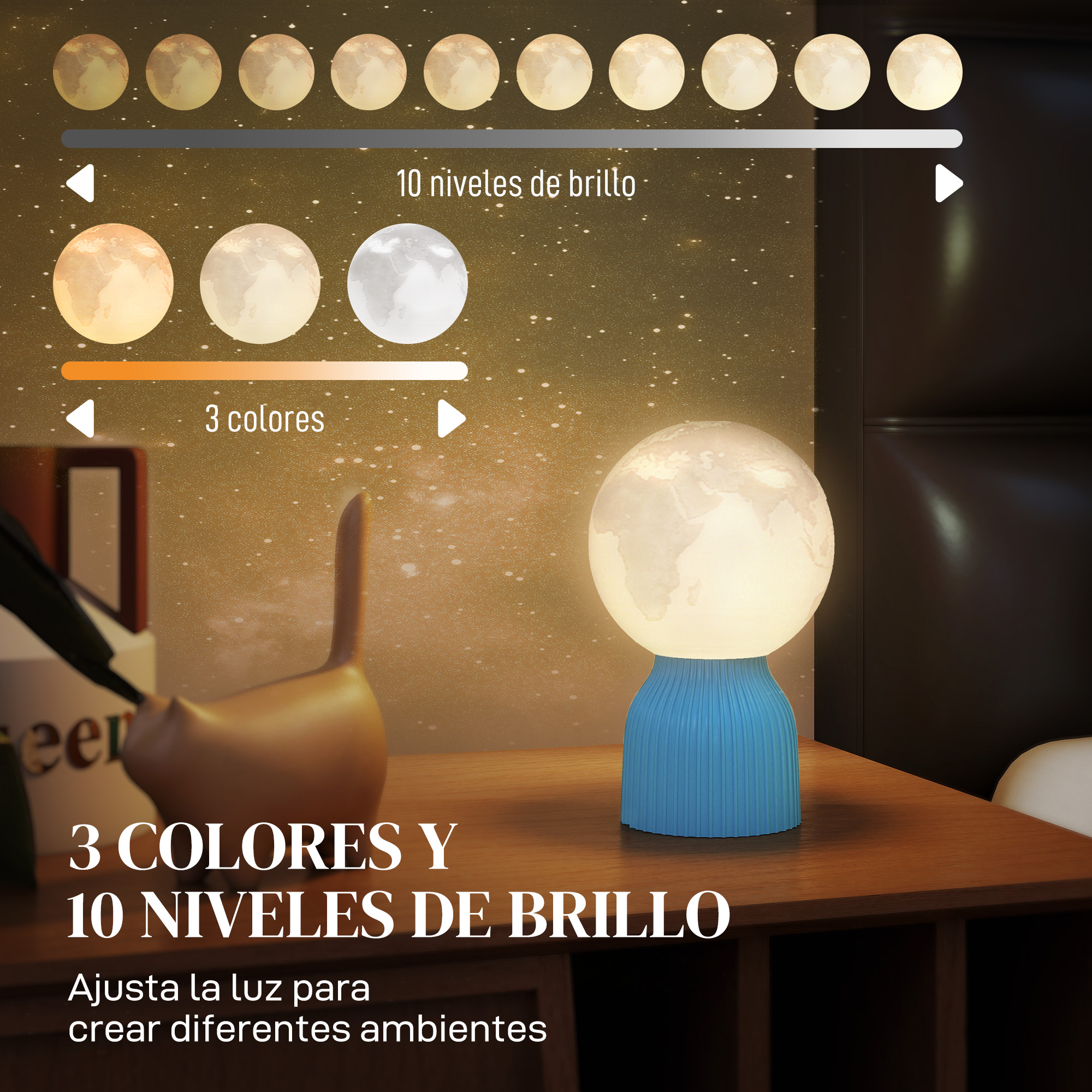 Lámpara globo con 3 colores y 10 niveles de brillo.