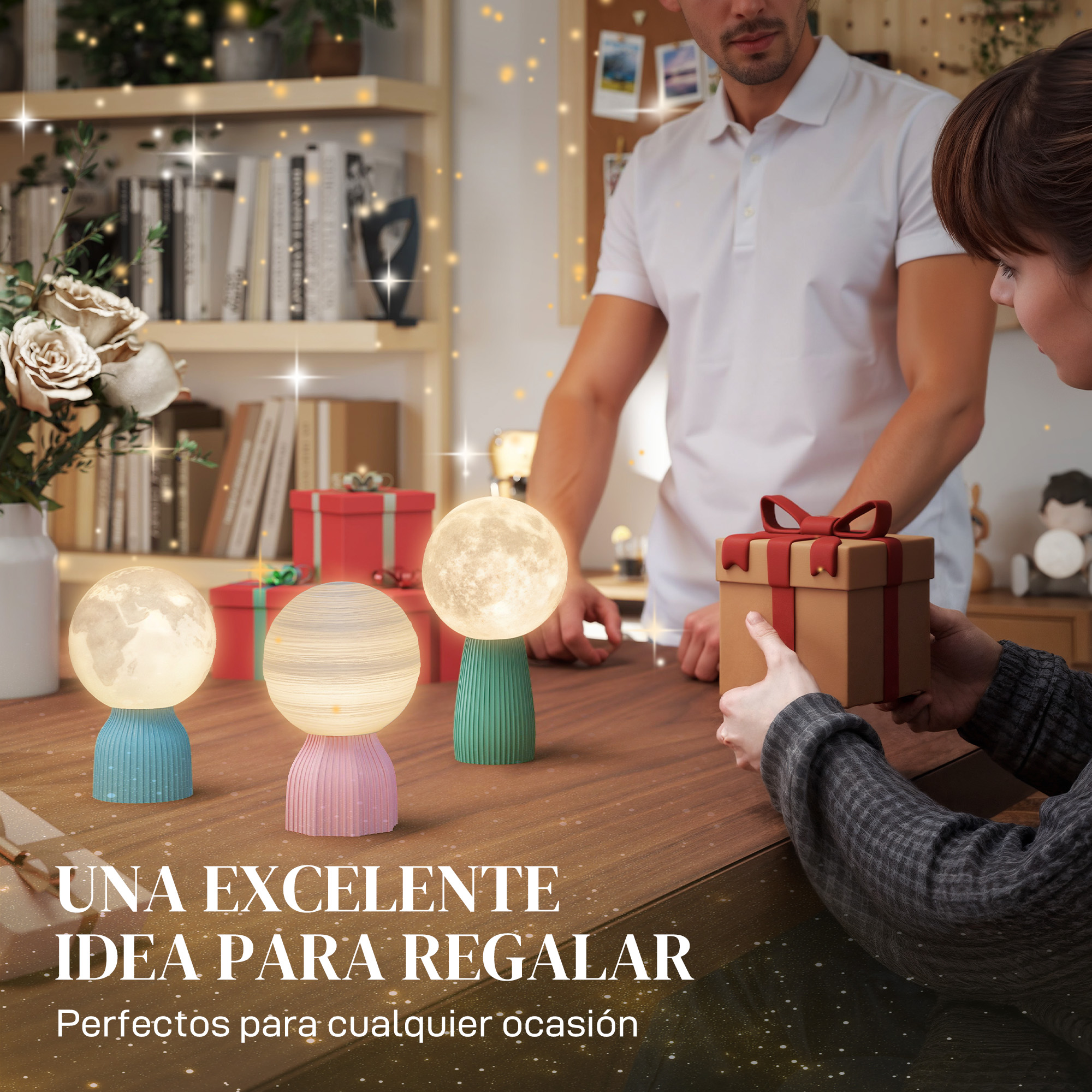 Un hombre y una mujer intercambian regalos, tres lámparas decorativas en la mesa.