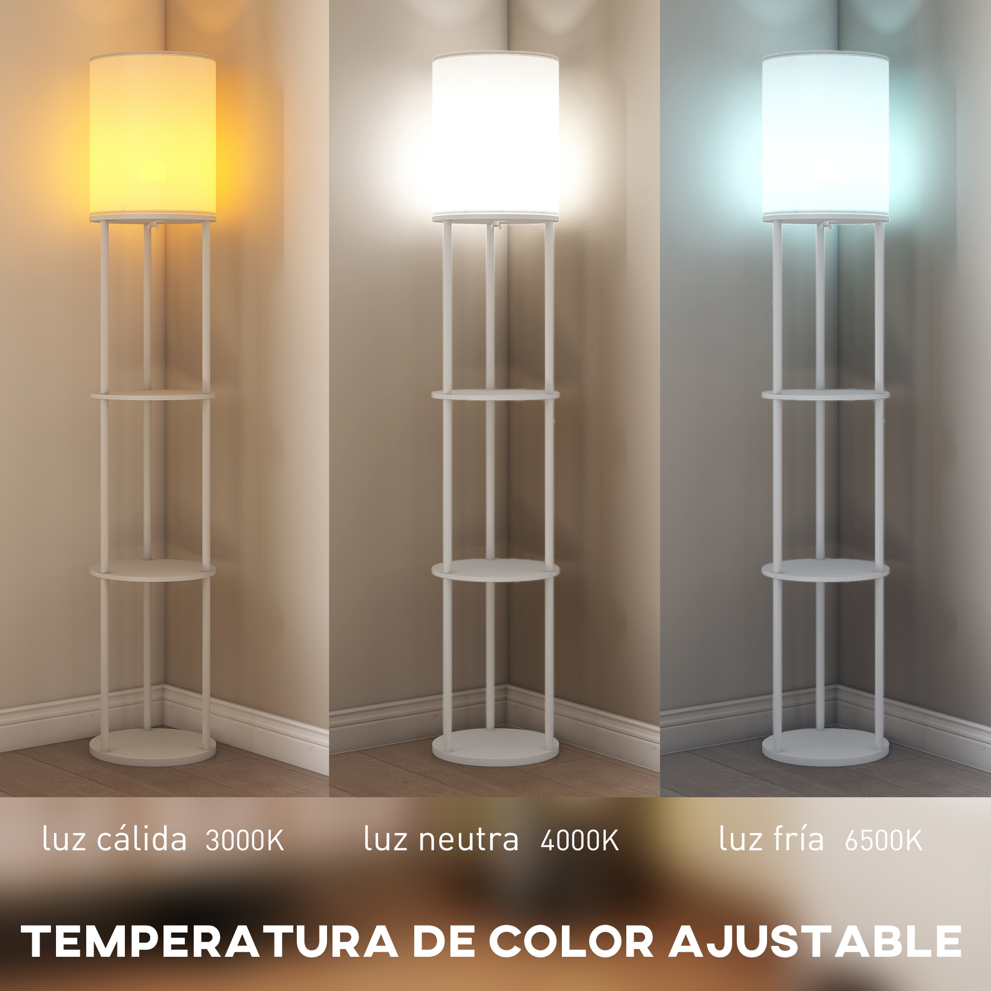 Una lámpara de pie blanca con tres temperaturas de color de luz: cálida, neutra y fría.