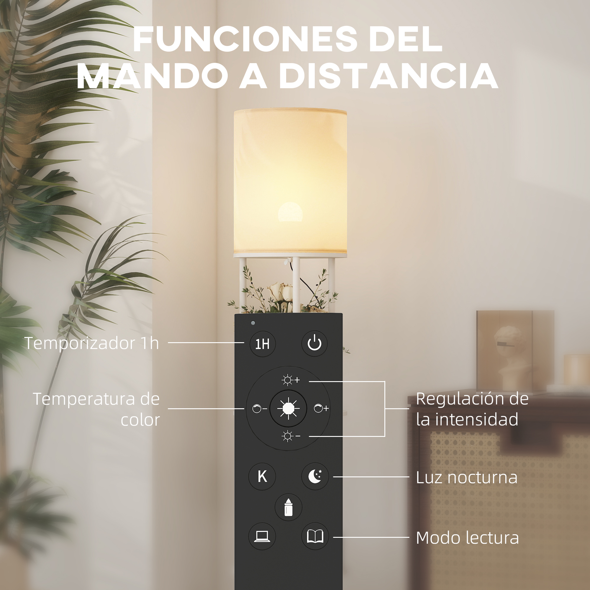 Mando a distancia con funciones como temporizador, temperatura de color, intensidad, luz nocturna y modo lectura.