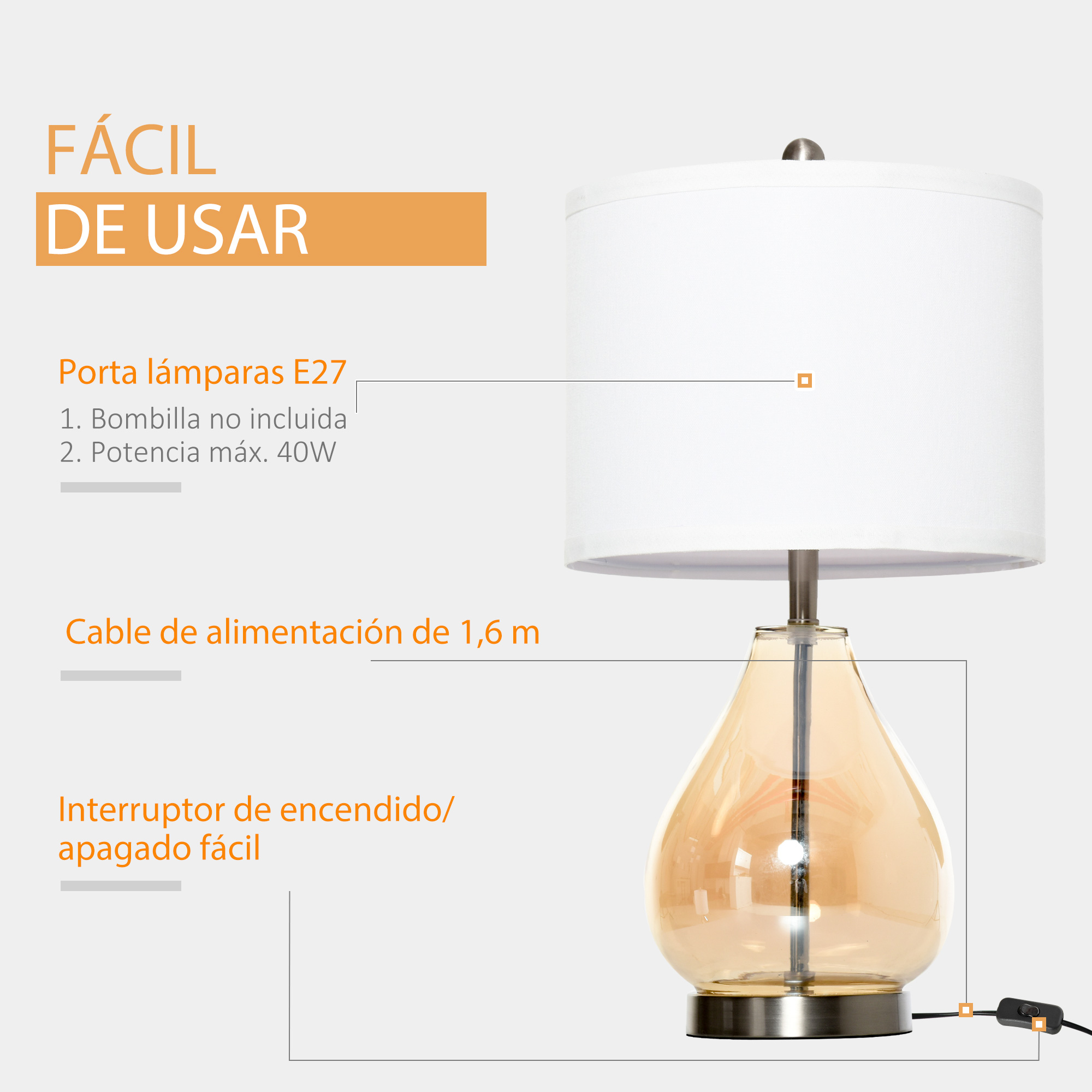 Lámpara de mesa con pantalla blanca y base de cristal ámbar. Fácil de usar.