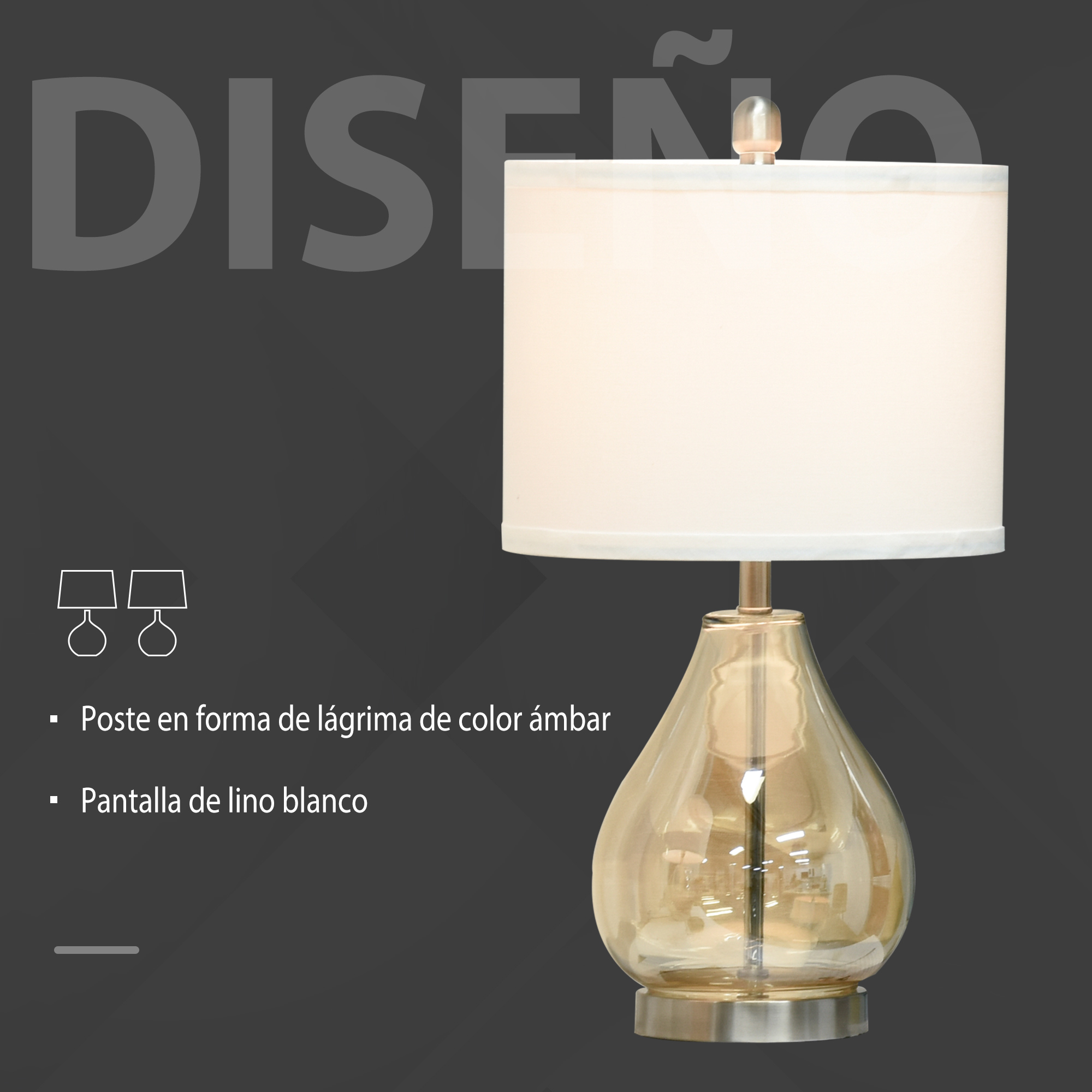 Una lámpara de mesa con base de vidrio ámbar y pantalla de lino blanco.