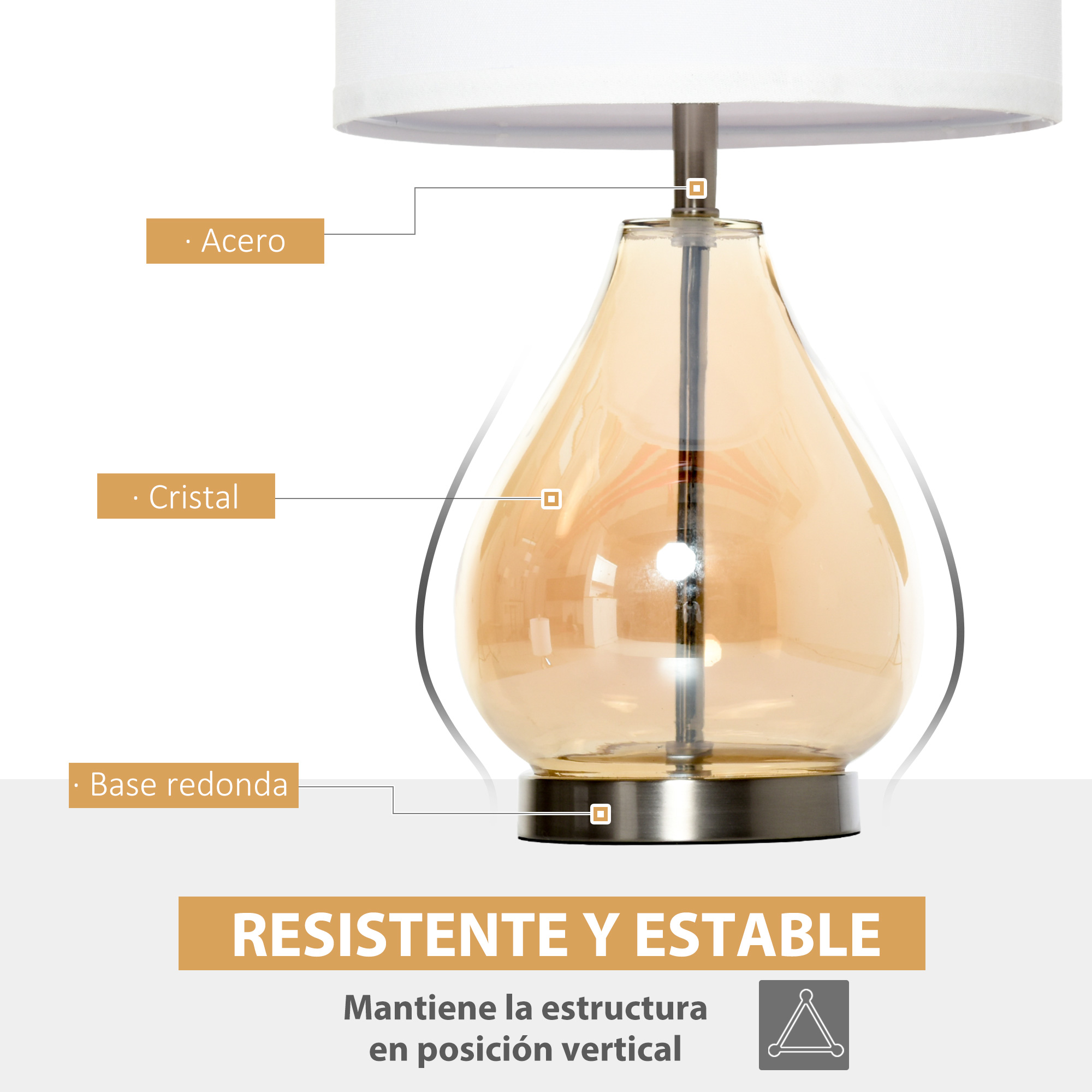 Una lámpara con cuerpo de cristal ámbar, detalles de acero y pantalla de tela blanca.
