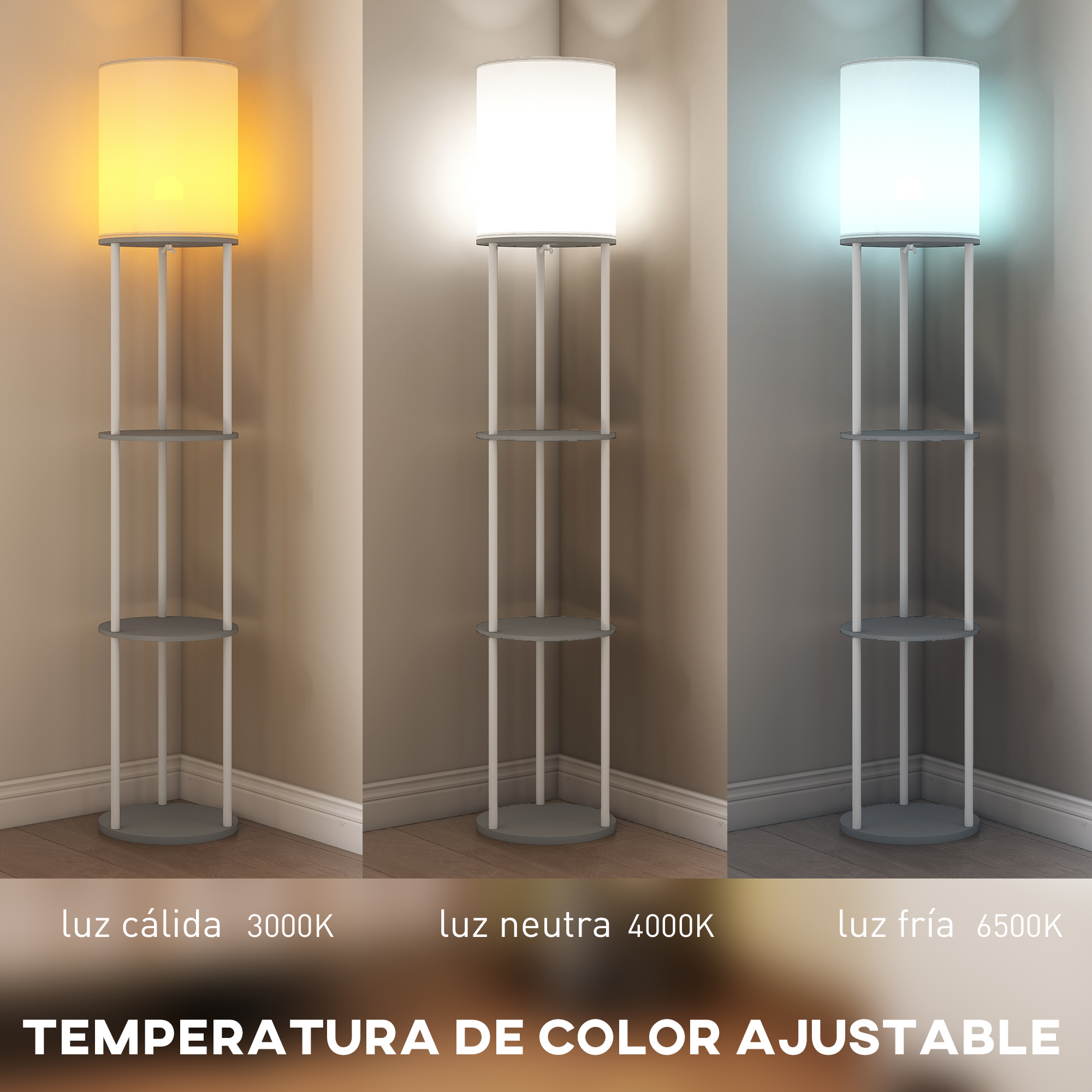 Lámpara de pie mostrada con tres temperaturas de color: cálida, neutra y fría.