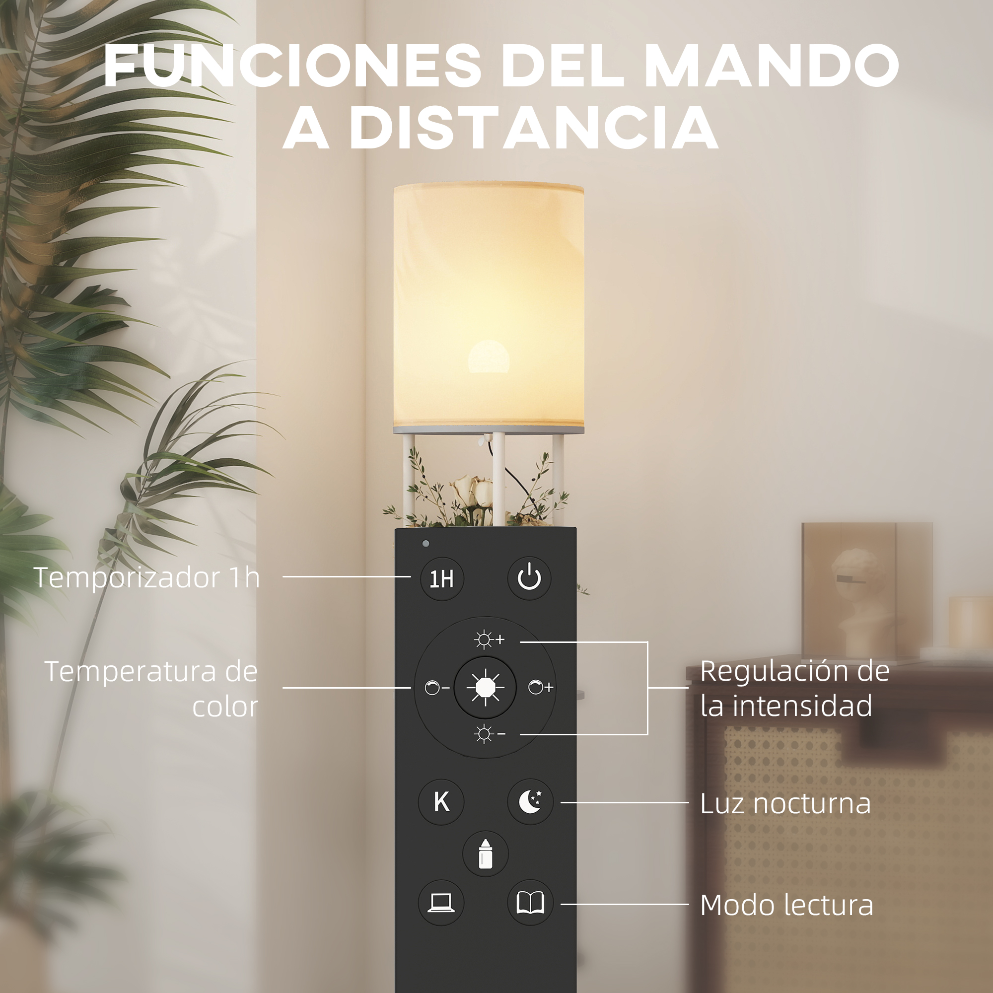 Un mando a distancia negro con funciones como temporizador, color y regulación de intensidad.