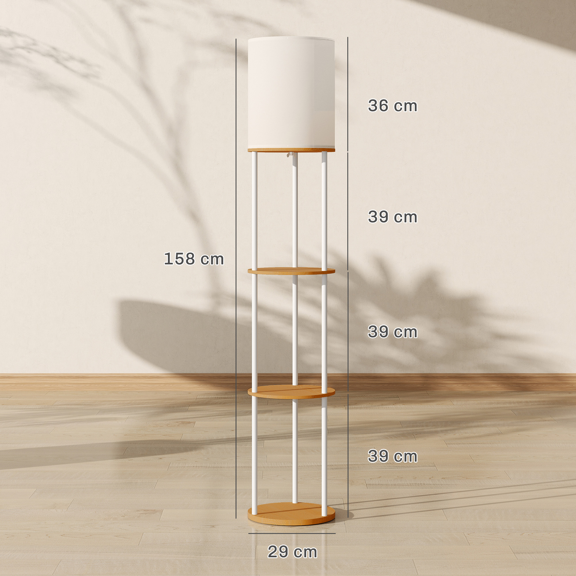 Lámpara de pie blanca con estantes de madera y medidas.