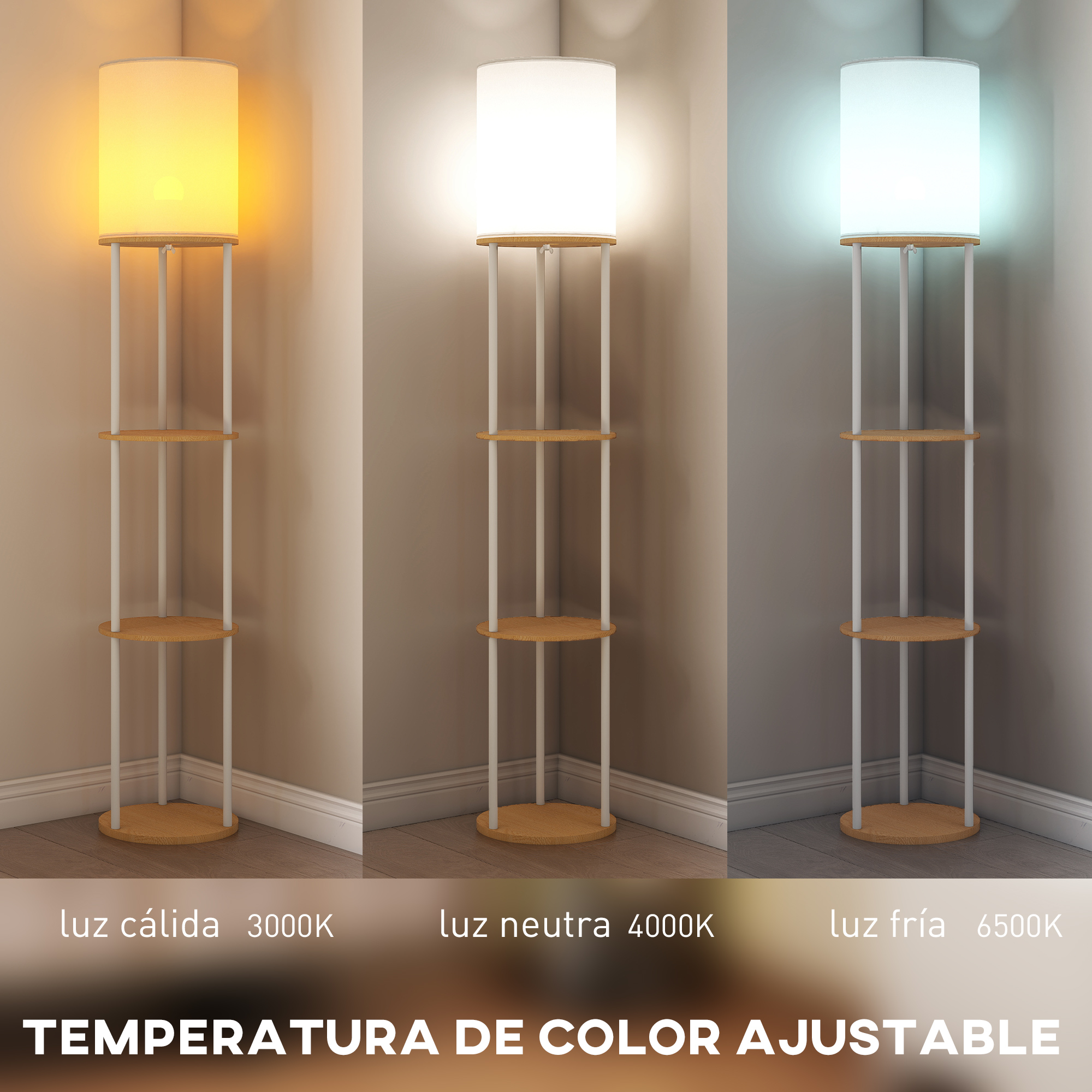 Lámpara de pie con temperatura de color ajustable en tres modos: cálido, neutro, frío.