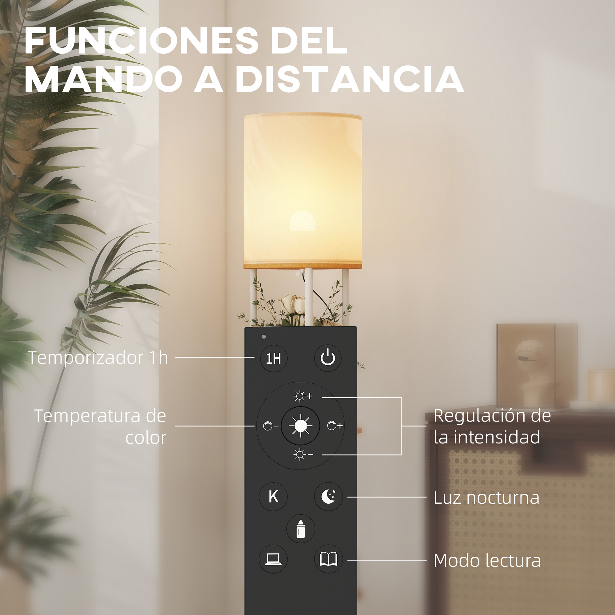 Un mando a distancia con botones para temporizador, color de luz, brillo, luz nocturna y modo lectura.